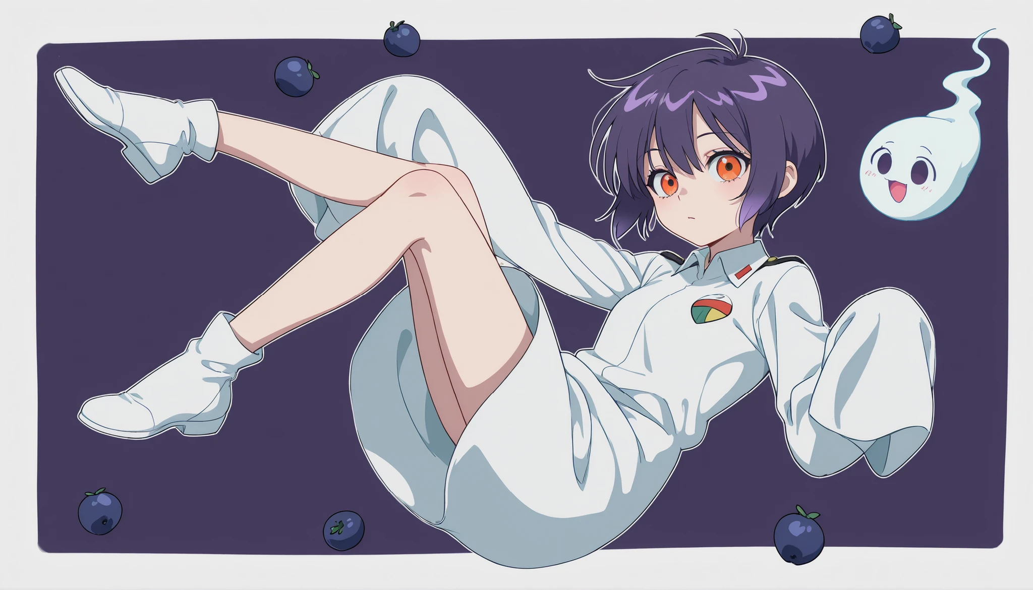 Anime Masterpiece、Highest Quality、super high resolution、clean line、Cell painting ＋soft gradation、Neon Tone。 Dynamic Framing。One cute ghost girl in a white uniform is floating。multiple small glitch rectangles along the outline of the body。orange eyes、Bad look with dark eyes。 Light blue short hair like blueberries。Her lower body is stretched out with a spirit。2 pale lavender whispers drift。 The slight background is uniform green、looking at viewer