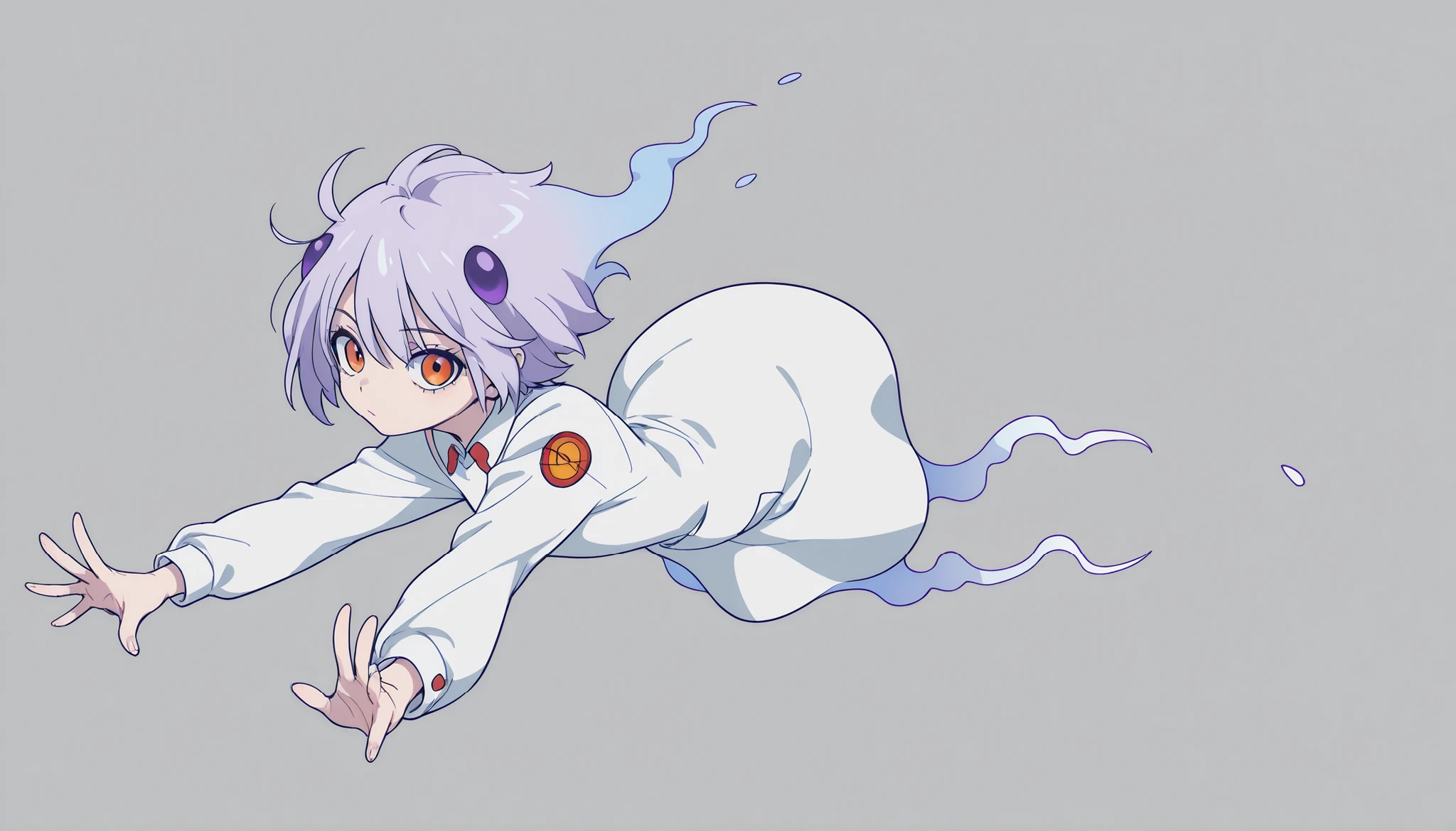 Anime Masterpiece、Highest Quality、super high resolution、clean line、Cell painting ＋soft gradation、Neon Tone。 Dynamic Framing。One cute ghost girl in a white uniform is floating。multiple small glitch rectangles along the outline of the body。orange eyes、Bad look with dark eyes。 Light blue short hair like blueberries。Her lower body is stretched out with a spirit。2 pale lavender whispers drift。 The slight background is uniform green、looking at viewer