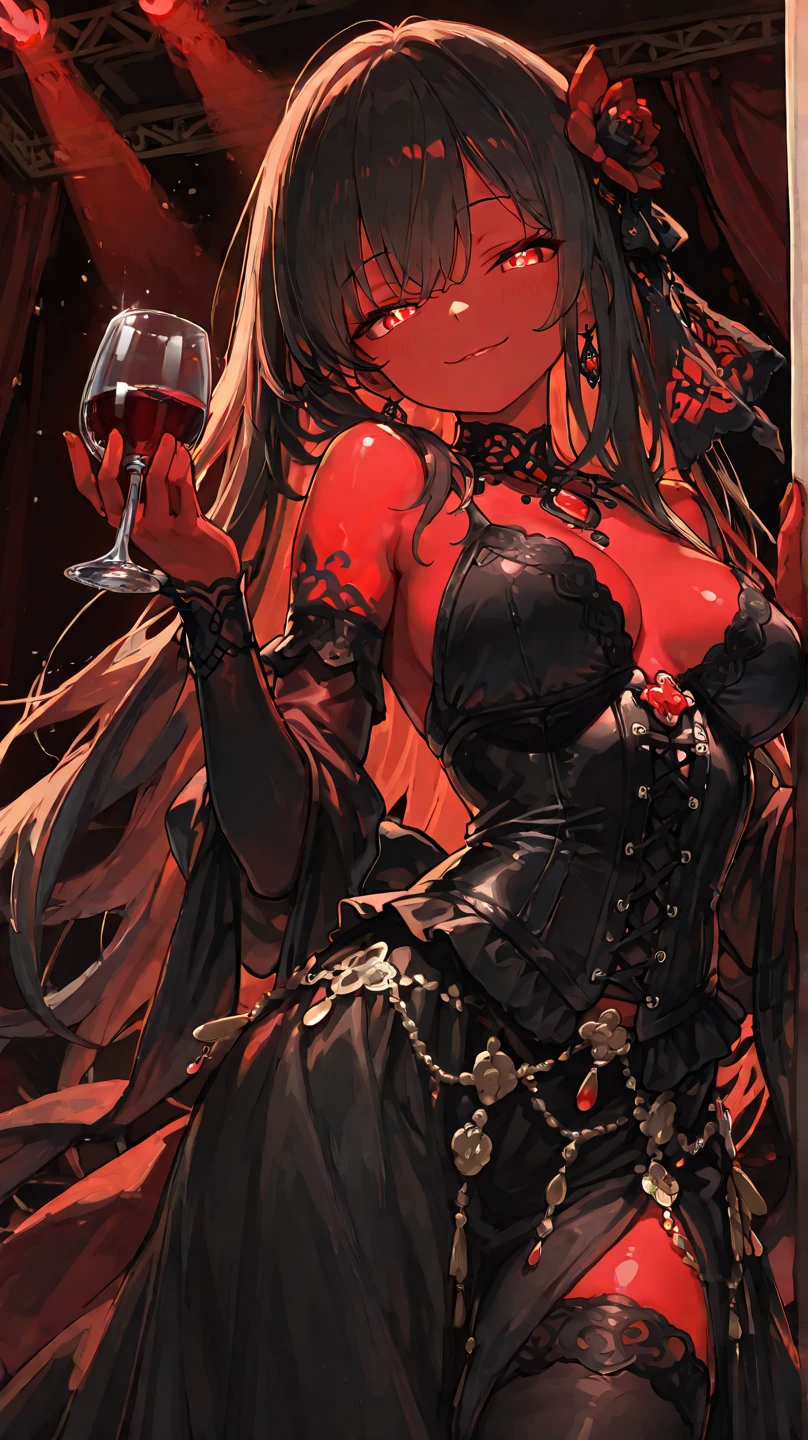 High resolution, high quality, High-resolution model, High detail, Very detailed, (Slim figure:1.5), (Fantasy atmosphere:1.3), (Shot from the thigh up:1.3), (holding a wine glass:1.3),goddess, long hair, Straight Hair, Grown-up face, A relaxed expression, Dark Eyes, Gradient eyes, Front bottom shot, Her hair is black on top and red on the bottom., Mysterious Circlet of Light, Neon-like earrings, Black long dress, Dresses without slits, Black long gloves, Shiny black and red gothic decoration on the costume, A mysterious ring of light in the background extends off-screen, Mysterious light in the background, A shelf with wine bottles neatly lined up all over the background, The shelves in the background are symmetrical,