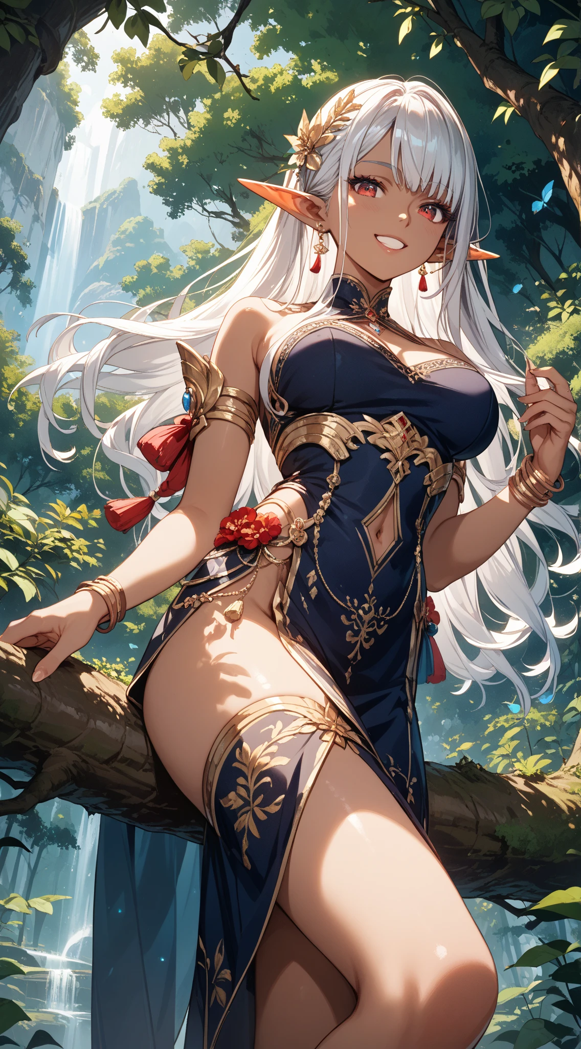 masterpiece, (best quality, ultra-detailed:1.4), (ultra high res:1.5), (sharp focus), (insanely detailed:1.3), (perfect anatomy), super fine (cel animation), 1 girl,(cute face:1.1),pointy ears,right bule hair,kindly smile,(flower:1.4),Matte Painting,full body,fantasy world,no holding,full body,outdoor