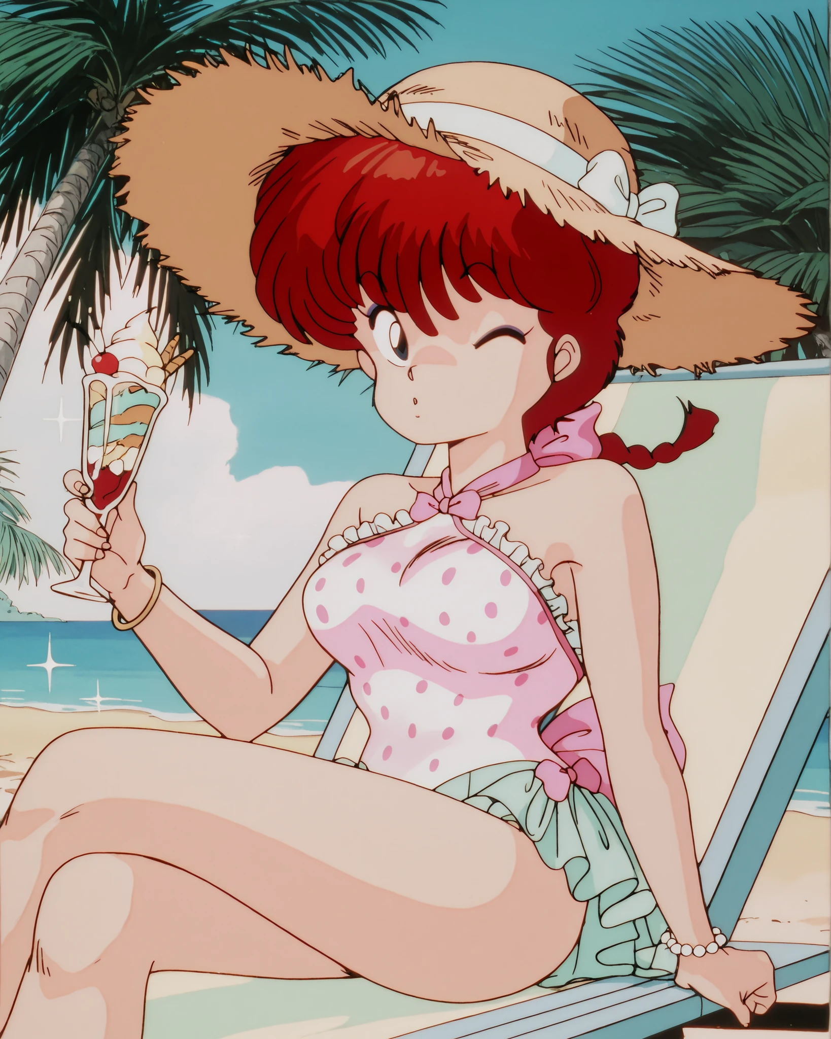 Ranma Saotome (weiblich), red hair in a thick braided ponytail, bright red hair with bangs, cel-shaded look, Helle Beleuchtung, Zeilen scannen, lilac eyeliner, {{{big chest}}}, {{{very big chest}}}, alone, sun hat, straw hat, dot patern ,
retro pin-up style, vintage 1950s beach pin-up, playful pose, sultry, arched back, legs crossed, leaning slightly forward, winking, polka_dot_swimsuit , polka_dot_one-piece_swimsuit
layered frilled bikini with high-waisted bottoms, two-tone pastel pink and white dots and white frill, white frill, girly vintage swimsuit, halter neck, cute bow details,
1girl, bangle, pearl bracelet, sun hat with ribbon, beach, beach chair, ice cream sundae in glass, cherry on top, holding spoon playfully, tropical drink with umbrella, sparkle, palm tree, water, warm summer colors, gentle wind, outdoors, looking at viewer, sitting with elegant posture, vintage glamour, soft retro shading, both eyes open