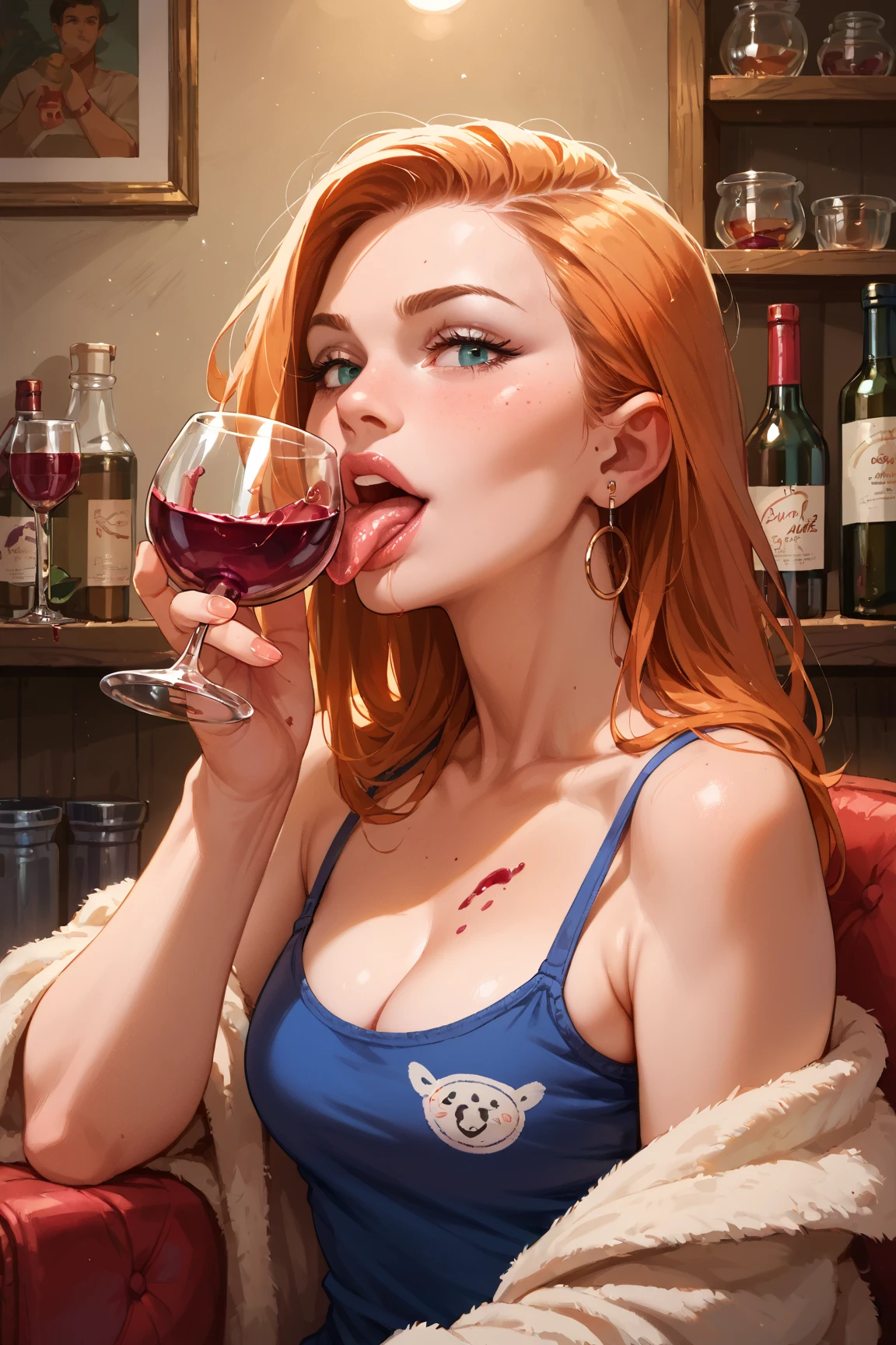 arafed woman in a red shirt and white panties posing on a bar, open shirt, gorgeous female, elegant sleek smooth body, redhead goddess, seductively looking in front, show pussy ,open mouth,cum in mouth 