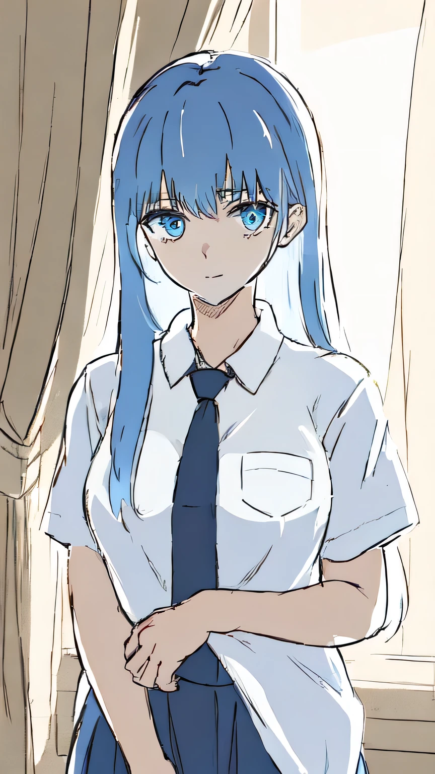 1 girl ,20s,Adult, White shirt ,Short sleeve,( black standard tie),White School Dress,(Dark Blue Hair)(long hair)(Royal sister),beautiful woman,Hardworking and responsible, Polite ,Looking quietly into the camera,Heartwarming