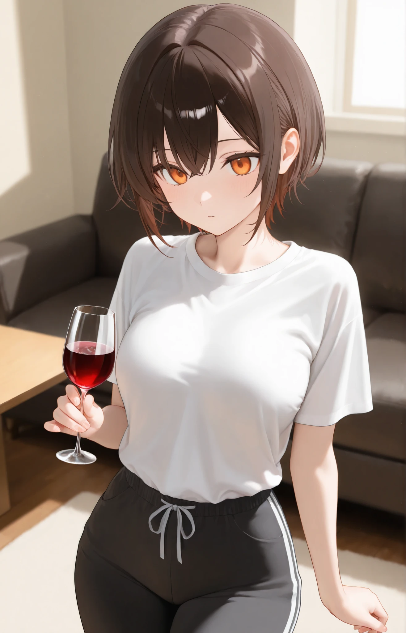 masterpiece, good resolution, HD Quality, newest. good anatomy. Good Lighting, safe. beautiful, anime, Japanese girl, delicate features. Dark Brown Hair and Short Hair, Hairstyle. Intense Orange Eyes. piel clara, Medium Breasts Size C, slim build. woman is 20 years old, She measures 1'59 cm . wearing clothes: White Shirt and Comfortable Colored Pants . Alone, staring at, bottom:living room, drinking a glass of wine.