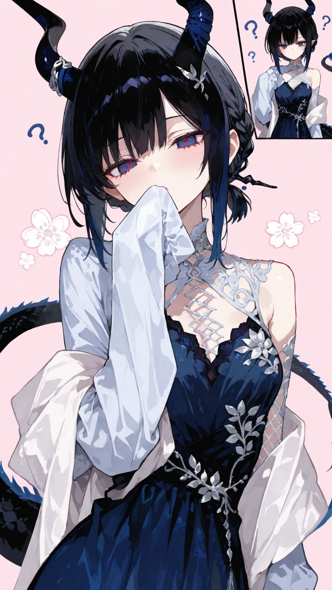 Dragon Girl, Black hair,black-horned,short ponytail,In Blue Eyes,are standing,Long Roll Spiral Fashion Dress,Front View, has a tail ,Light Pink Background,Dark Blue Dress,Unequal Dress,Has a long horn,With one sleeve,slim, middle breast,upper body shape, Open Shoulders,Clothing Sleeves Past Wrists Sleeves Past Fingers Moesode,Confused,Blouse made of fabric,Mesh Bust,White shawl,, light red floral ornament at the waist,high-low skirt, braids,pov blowjob, manga, comic,Several scenes in a row,feature a comic