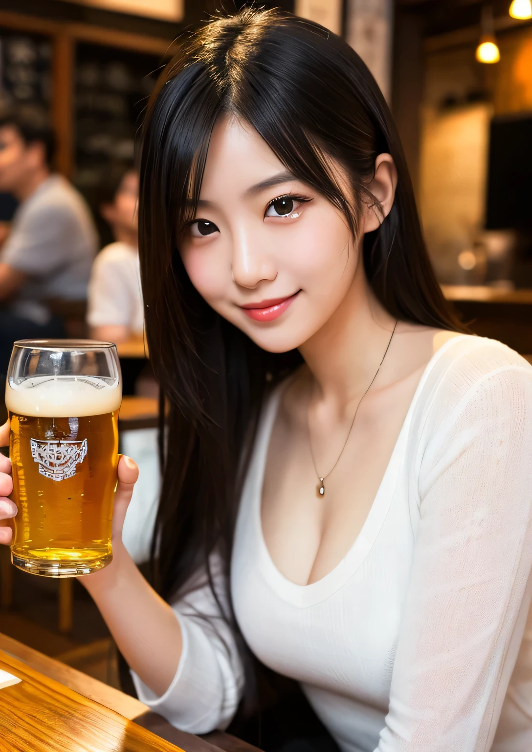 A very cute face like an idol、Looks like a young face、20-year-old female、Gentle and cute、A kind smile、Cleavage、A bar with lots of people、Holding beer glasses and toasting、whole body、RAW Photos、Genuine、Artistic、Real Stick、High resolution、Genuine Life、No copyright notice