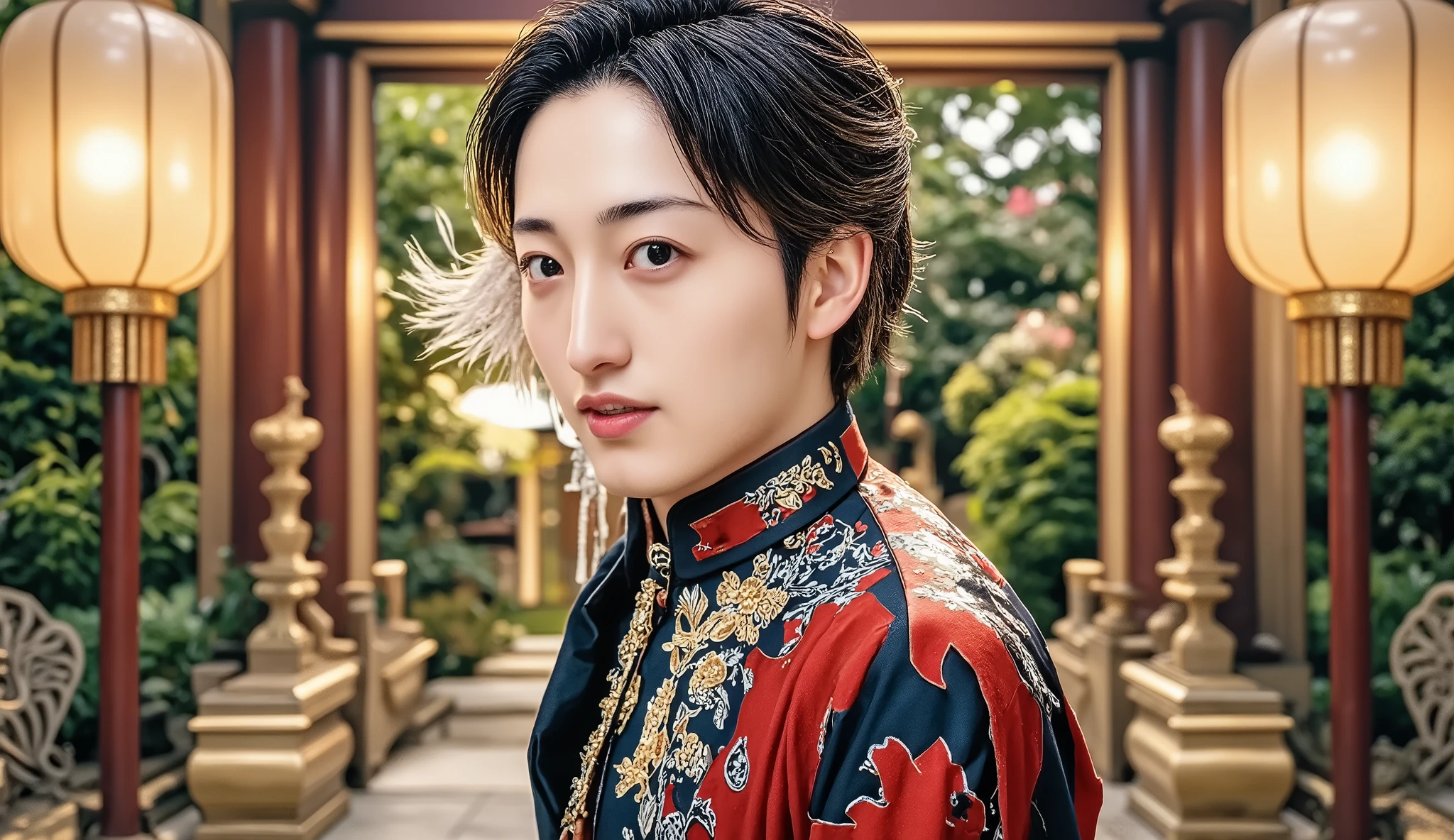 handsome man, luxurious outfit, inside a mansion, ornate headpiece, ultra high resolution, serious expression