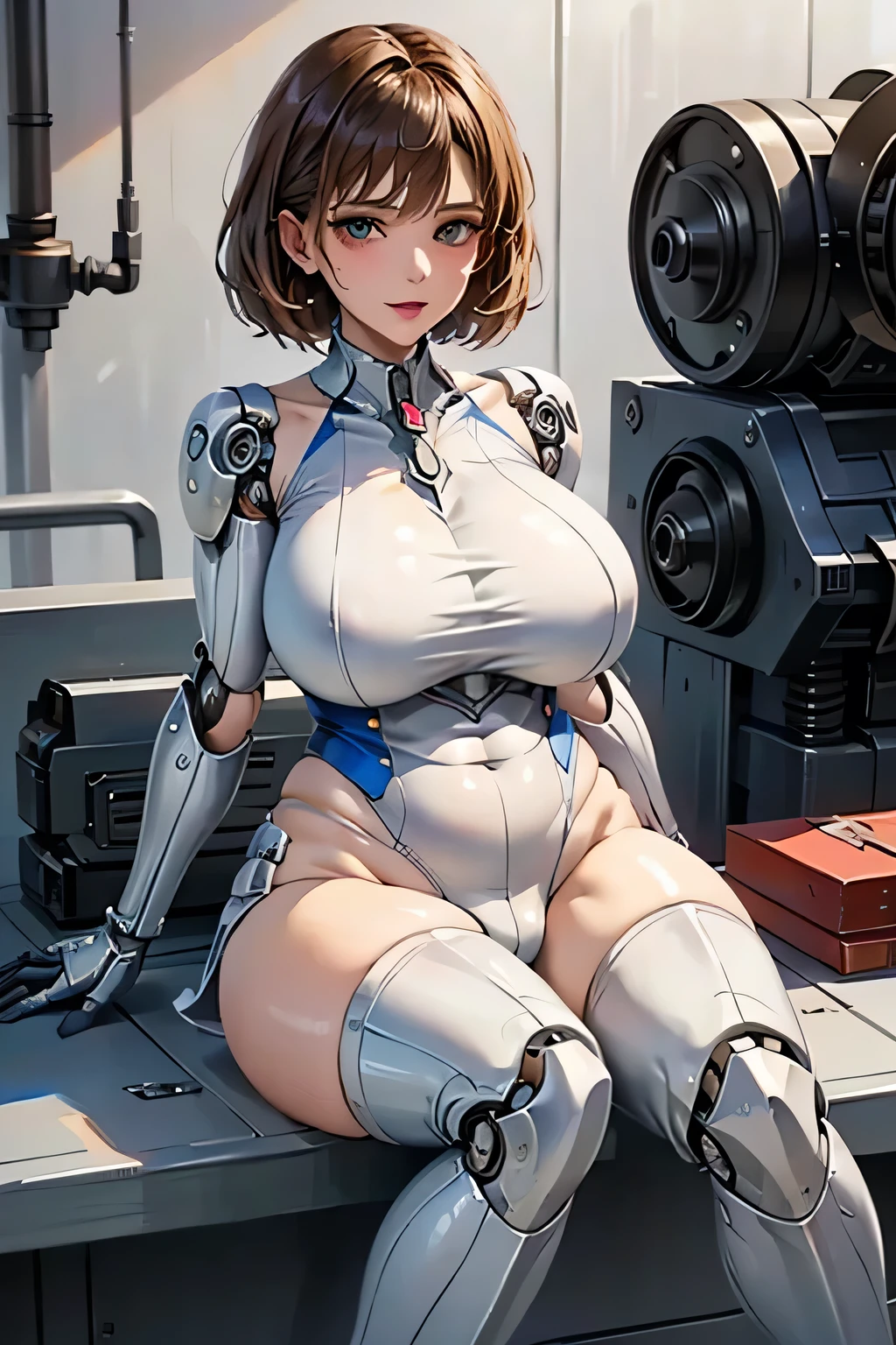 (((masterpiece))), (((Highest quality))), ((Very detailedな)), (Detailed CG illustrations), ((Very delicate and beautiful)),Cinematic Light,((One Mechanical Woman)), alone,mature,(Big and ample breasts),(Plump), (((The crotch is open))),((Thighs)),((Sitting)),whole body, (Machine made joints:1.4),((Mechanically cut muscle blood vessels connected to tubes),((Mechanical cervical spine attached to the neck)),(Wires and cables connected to the head and torso:1.5),short hair,(Character Focus),sf, ,((Very detailed,colorful)),Best details