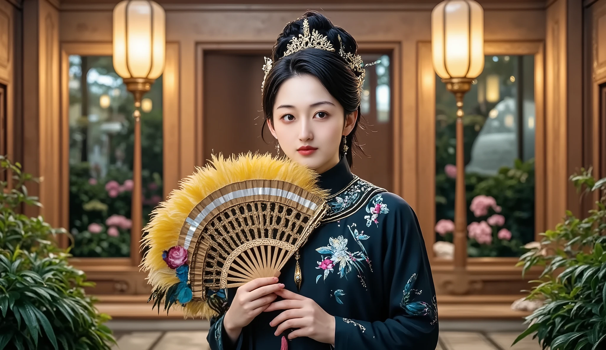 handsome man, luxurious outfit, inside a mansion, ornate headpiece, ultra high resolution, serious expression