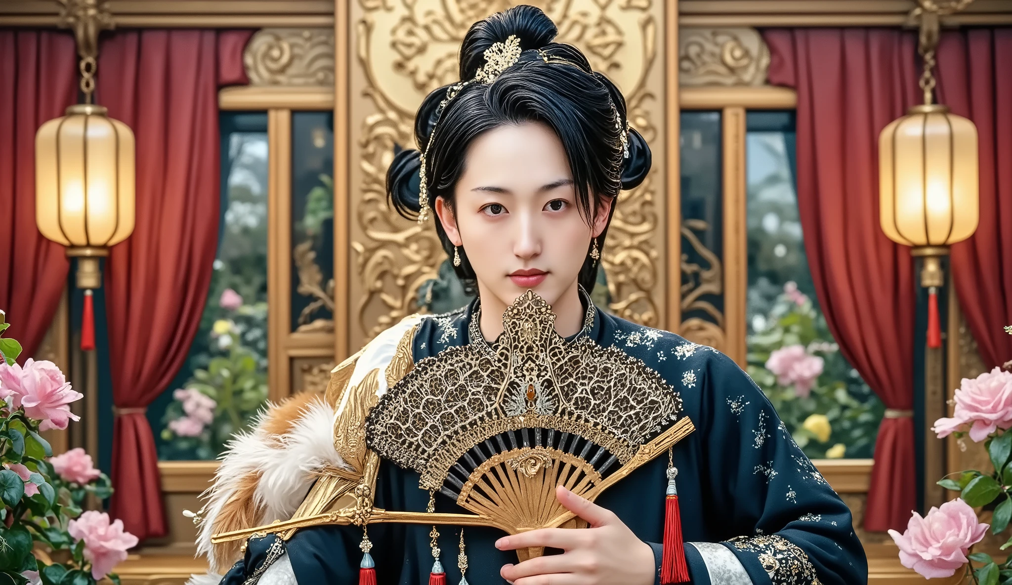 handsome man, luxurious outfit, inside a mansion, ornate headpiece, ultra high resolution, serious expression