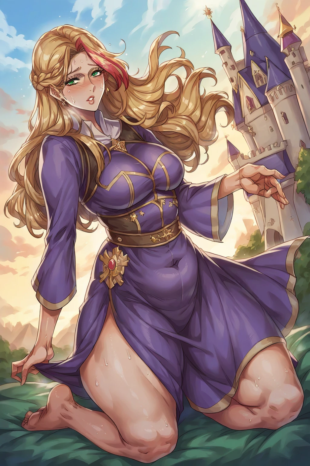 ((A male gay version of disney princess Rapunzel with very long blond hair wearing short mini erotic purplish dress)), NSFW, hentai, ((artstyle inspired by Ppatta’s hentai yaoi comics:0.2)), ((inside fairytale high tower background)), male masturbation, ((Disney Rapunzel setting)), ((he is stroking a massive veiny thick oddly dildo attached to the wall)),  ((“ah ah ngghh”)), ((he has very hairy penis and big amount of blond pubic hair bush because he neglected to shave it)), blowjob, 