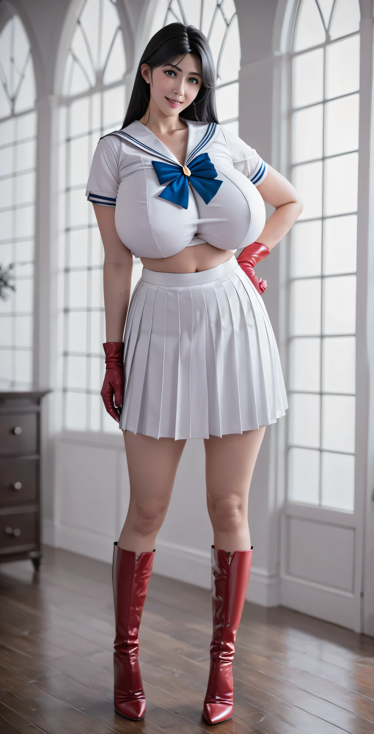 (masterpiece, best quality, ultra detailed, absurdness)1.5, 1girl, (sexy, beautiful woman, perfect face, perfect eyes, perfect female body, huge breasts)1.5, (usagi, double bun, twin tails, parted bangs, circlet, jewelry, earrings, choker, red bow, white gloves, elbow gloves, blue skirt, red boots with white trim, ), (standing on a rooftop, Japanese city in background, night sky, moonlit), perfect lighting, smooth, hud, alexis texas