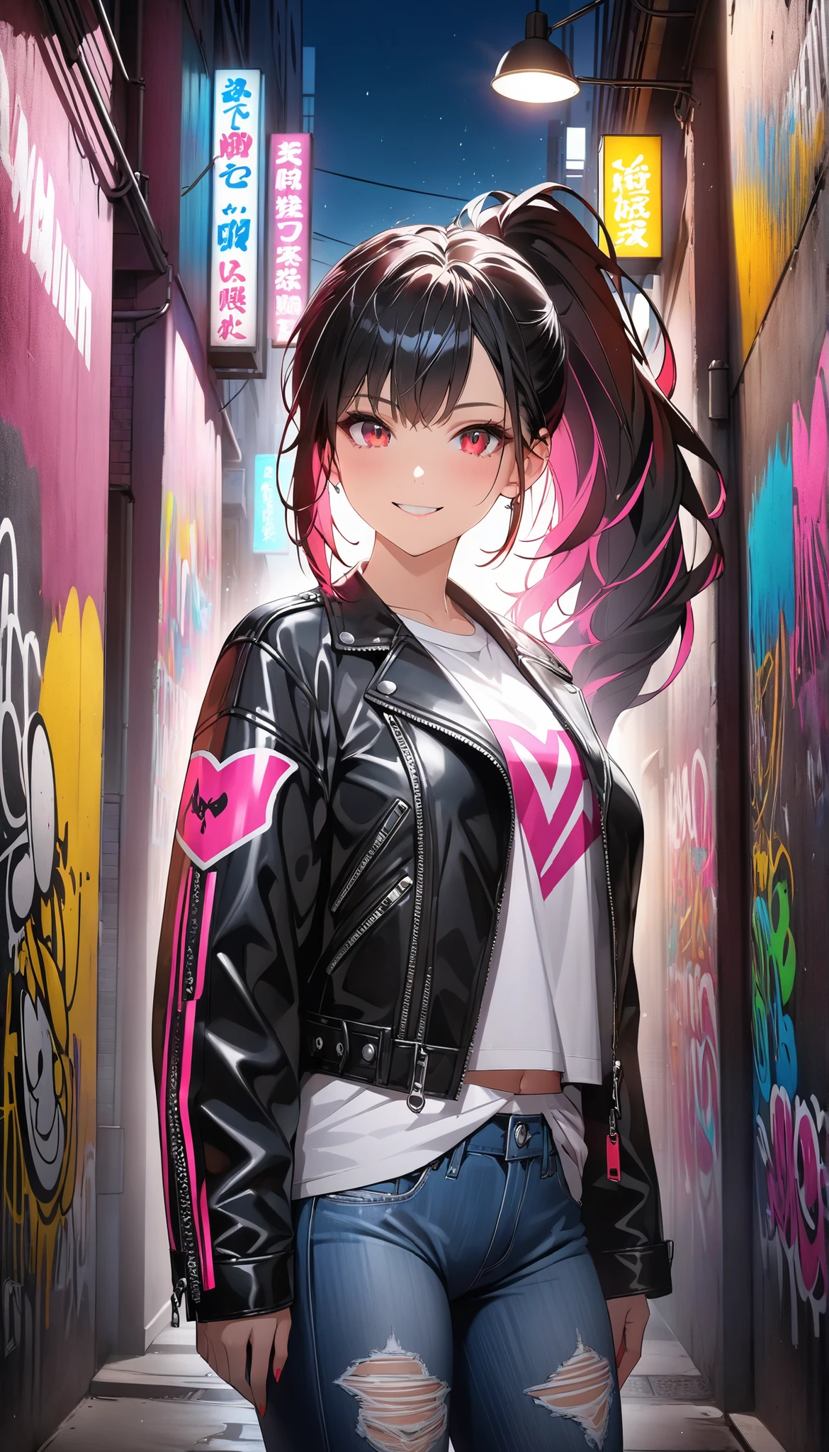 High quality, superior detail, upper body, professional photography, modern anime girl standing confidently in the middle of the alley, red eyes, black hair, hair plaited ponytail, confident and bold smile, wearing a black leather jacket with a white t-shirt, ripped jeans, neon details. Alley walls are covered with elaborate urban graffiti - huge overlapping graphics in vibrant colors (Neon blue, emerald red, radiant yellow, fluorescent pink), sophisticated modern designs with anime characters and characters inspired by dramatic evening lighting, neon lights from nearby banners reflected on the walls, strong shadows, steam rising from street openings, light raindrops reflecting lights, low angle of photography showing the majesty of the
