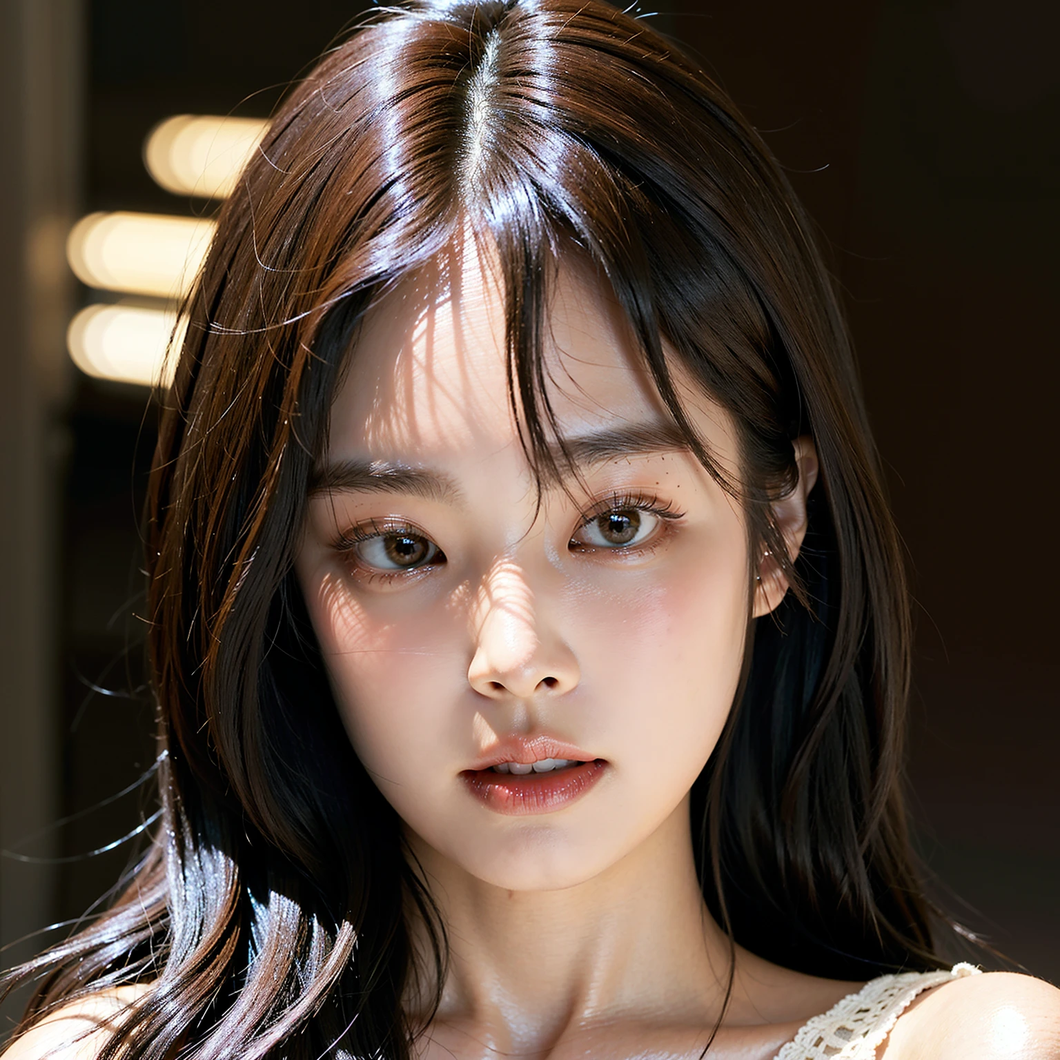 best qualityer, work of art, ultra high resolution, (photorrealistic:1.4), CRU photo, 1 girl, simple grey background, halfbody, gazing at viewer, sleeveless