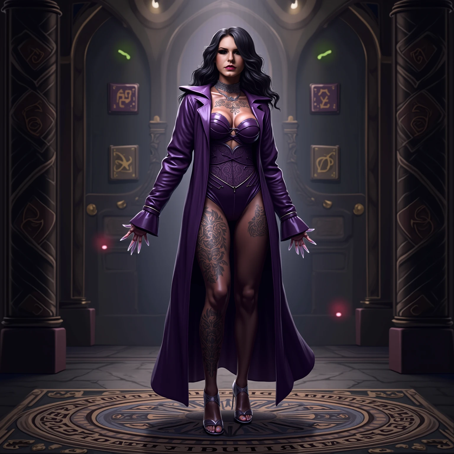 card design, gang war style, tcg card, The front of card depicts the charismatic lady boss, a brooding and captivating mafia boss. She is standing, exuding power and authority. The mafia boss is wearing a violet dress. Her expression is intense, emanating a sense of both danger and allure.symmetric, intricate, highly detailed, trending on artstation, 8K
