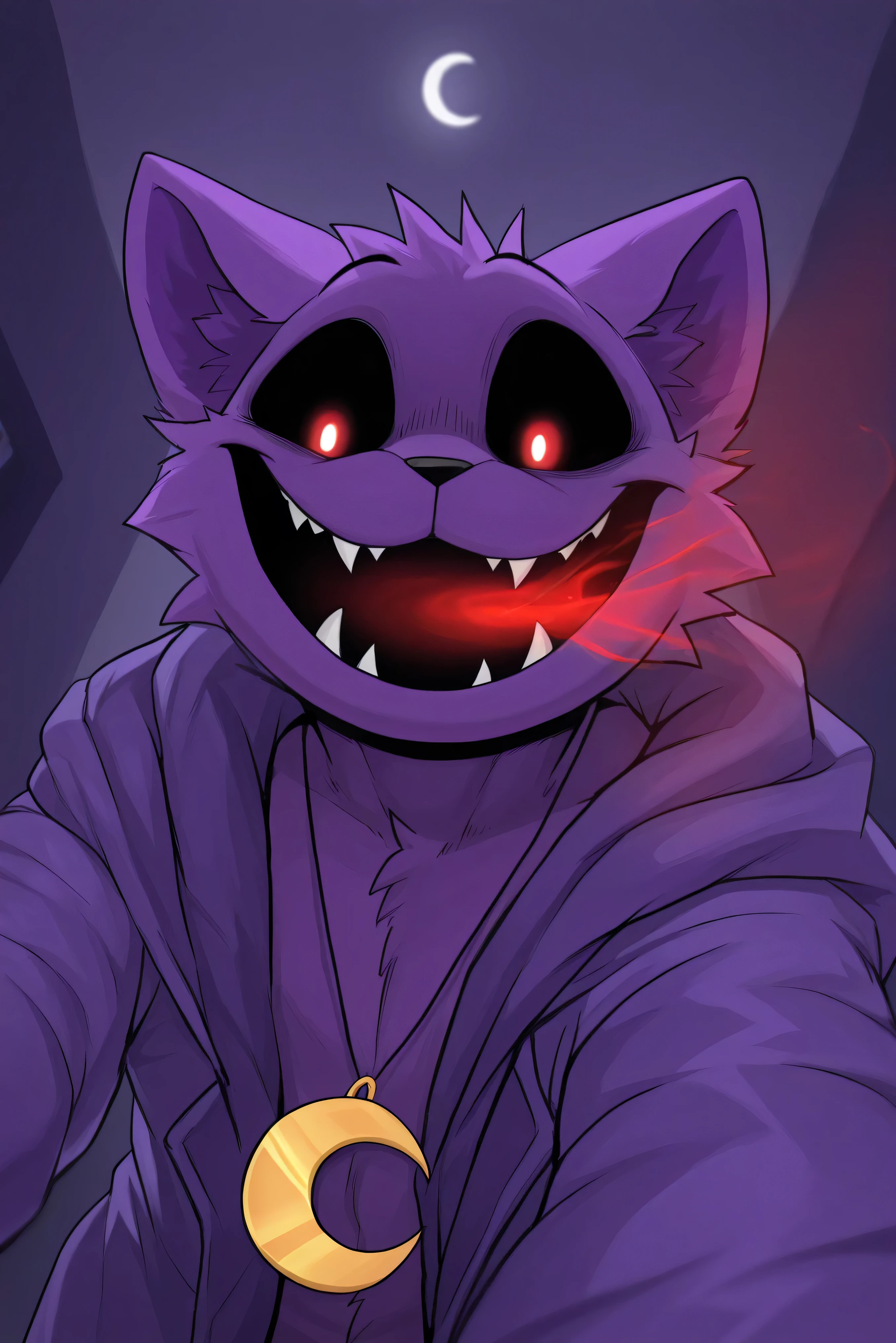 Highest Quality, masterpiece,solo, Super Detailed, Purple Cat Beastman, Male, face close-up, Eyes full of madness, disheveled purple coat,  crazy smile,A smile with fangs peeking out slightly, crescent moon necklace soars through the air,  rough breathing, Red breath, shadow falling on one side of the face, moving shot, dynamic angle,  blurred background, Spooky Moonlight, flashy effect, motion blur, impactful composition,