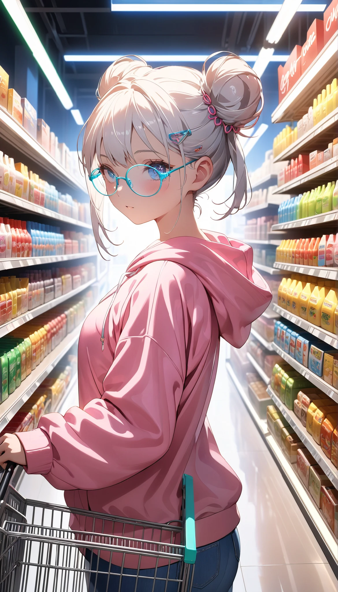High quality, high detail, upper body, close-up scene, professional photography, young anime girl pushing a shiny metal shopping cart, blue eyes, white hair, double bun hair, elegant clip, trendy round glasses that reflect neon lights, wearing a loose pink sports hoodie, blue jeans, trendy supermarket shelves illuminated with multi-colored neon lights (Emerald blue, radiant yellow)Light reflections on the shiny floor, carefully arranged products on shelves with digital price stickers, LED screens showing offers and discounts. The place is almost empty, suggesting night shopping, soft music in the background, faint sounds of shopping carts, light steam rising from the nearby freezer section, side shooting angle with medium depth of field, mixed lighting between neon and general lighting of the store
