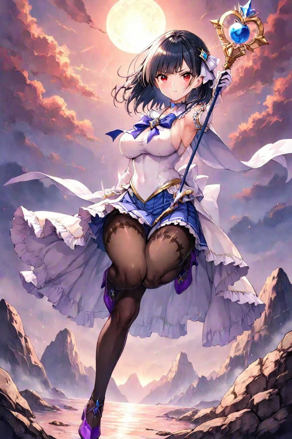 A woman, long brown hair [Wavy hair at the end of the hair,], blue eyes [bright pupils 1.5] break 
White shirt[with white shirt collar], Pink coquette jacket[Zipped up half way], Space blue short, Black gloves[short gloves,cover only the wrist and middle finger], Black tights, White legs warm,Blown boots [Short]. Break 
