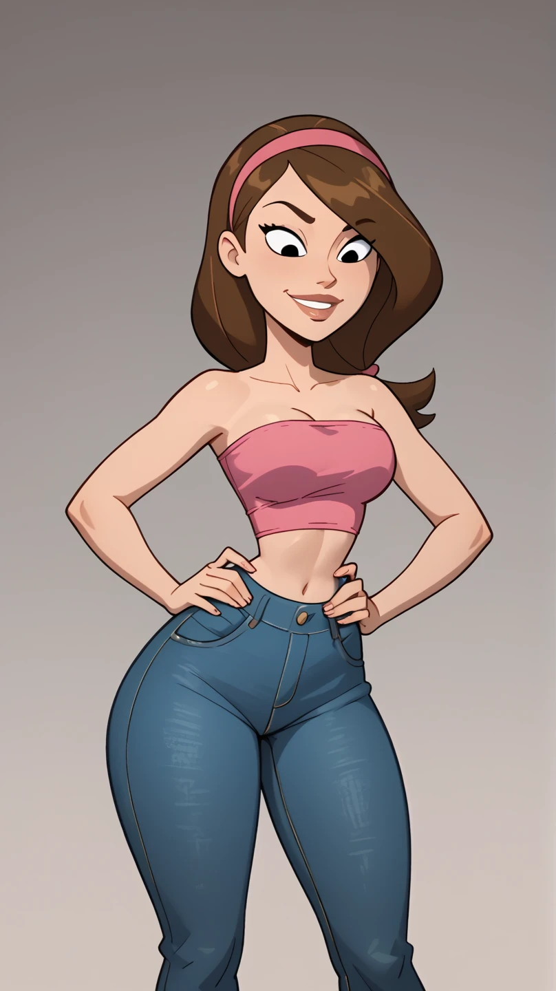 score_9, score_8_up, score_7_up, score_6_up, score_5_up, score_4_up, (Source the fairly oddparents), (rating safe), 1girl, solo, mrs. turner, barefoot ,eyeshadow, outside, walking, brown hair, short hair, black French skirt and corset , smile, trees, grass,