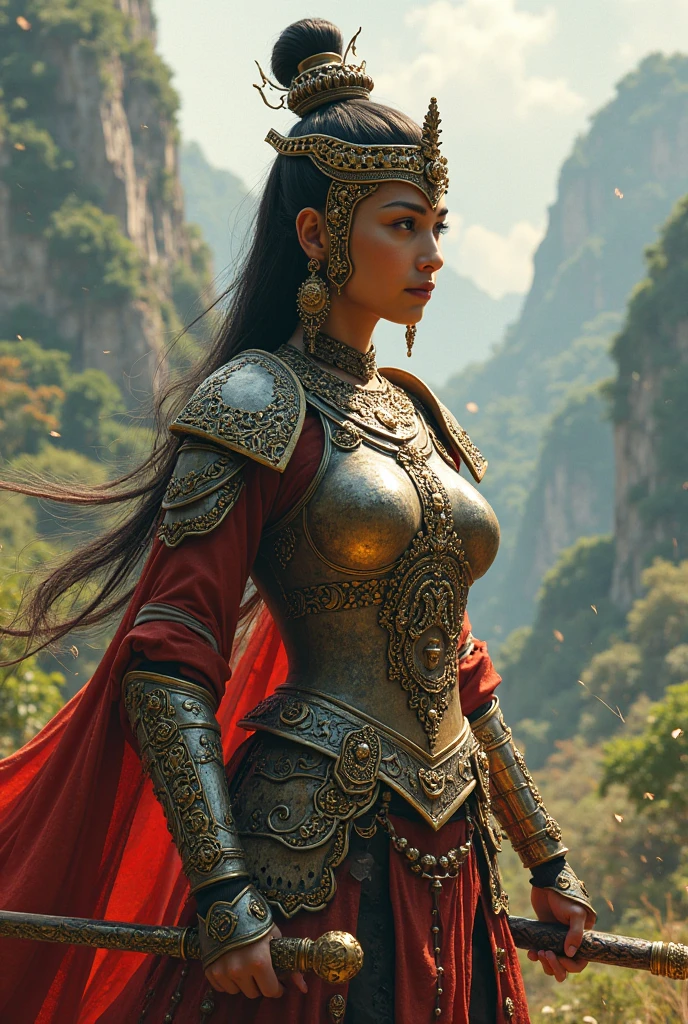 Ultra-realistic photo of a powerful big- fantasy beautiful Thai female full-armored warrior with long hair,evil sly smile,wearing highly detailed steampunk Royal-Thai pattern with metallic gold textures and weathered surface armored, ancient royal-Thai ornament warrior hat, holding a long gigantic royal Thai pattern-style ancient shotgun  ,cinematic lighting, sharp focus, shallow depth of field, high dynamic range, soft shadows, realistic materials, photo taken in a studio with fantasy heaven city background, 85mm lens, f/1.4, ISO 100, 8K photo
