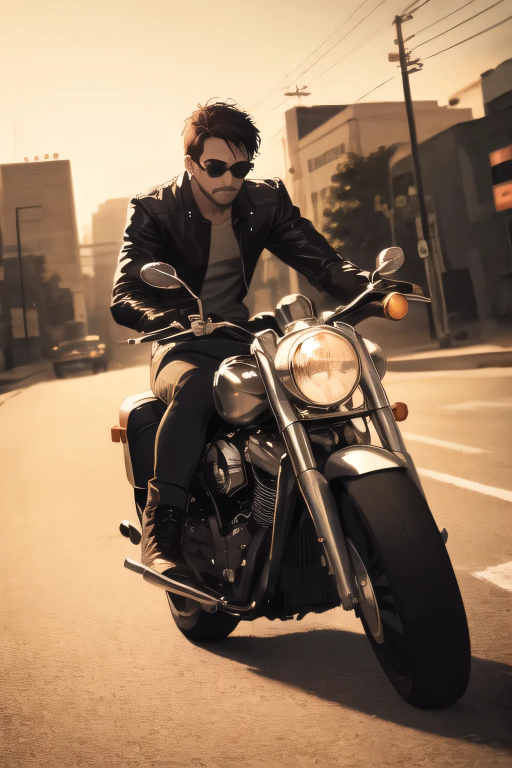 A suburb of Los Angeles,draw a man in a black leather jacket riding a Harley Davidson,dark haired，sunglasses,boots，gray shirt,I have a shotgun， Sunny，Face without damage,draw a more delicate expression,dark background，,An even more dignified expression，I'm driving through a bright city，Please draw the,can you draw the overall balance with the bike more accurately,