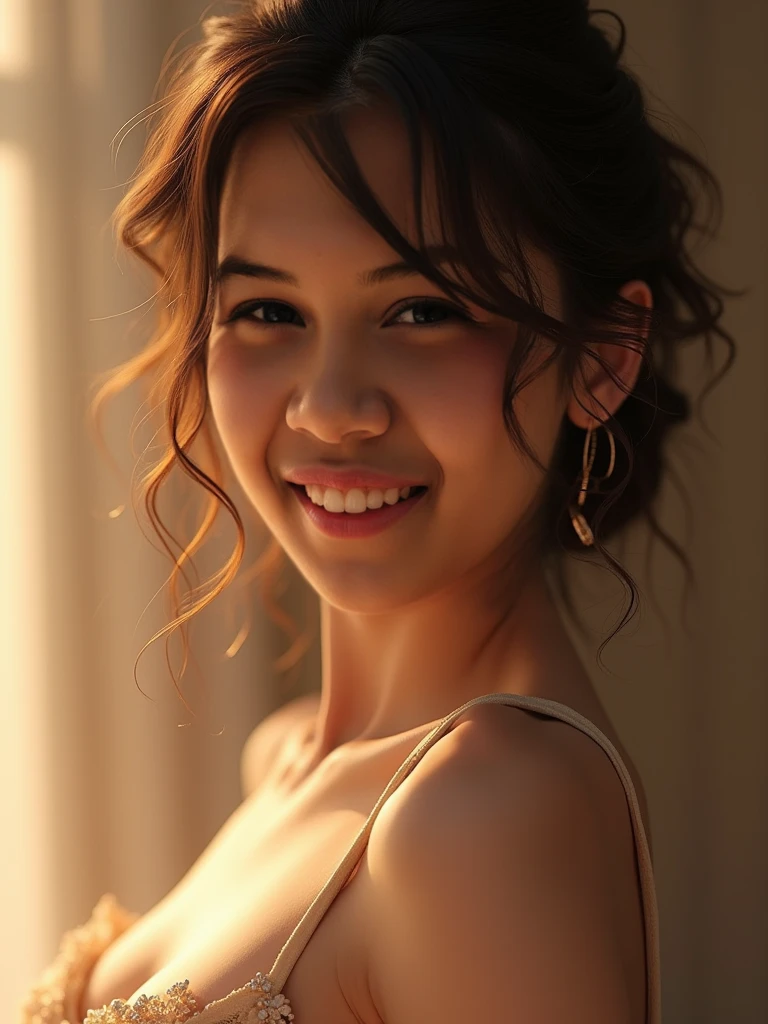 Body Portrait、instagram photo, Close up portrait of a young French man in a dress。, Beautiful face, makeup, Night City Street, Bokeh, Motion Blur、Smiling eyes、thick curly hair、drooping bangs、((Body Portrait))、