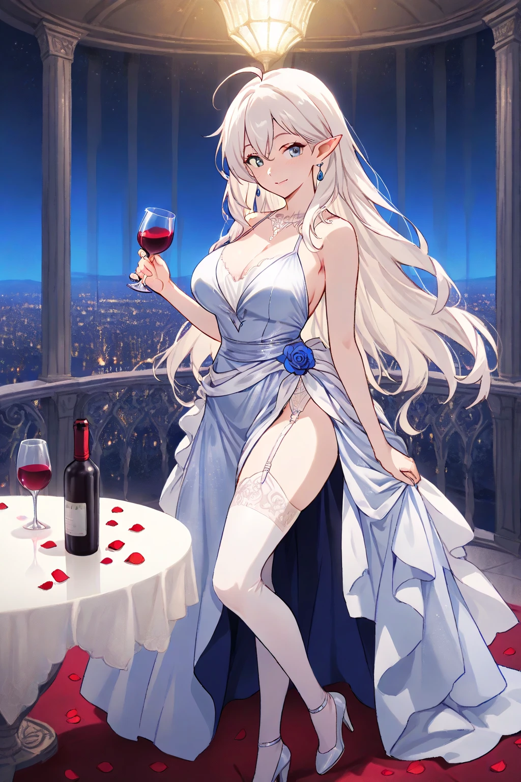best quality, masterpiece, highres, solo, {olga_marie_animusphere_fgo:1.15}, long_hair, braid, white_hair, blush, yellow_eyes, ahoge, hair_between_eyes, breasts, grey_hair, 1girl, bare_shoulders, flower, hair_flower, hair_ornament, looking_at_viewer, smile, choker, cleavage, closed_mouth, collarbone, cup, drinking_glass, holding, rose, bangs, dress, holding_cup, red_flower, champagne_flute, earrings, jewelry, large_breasts, medium_breasts, red_rose, strapless, strapless_dress