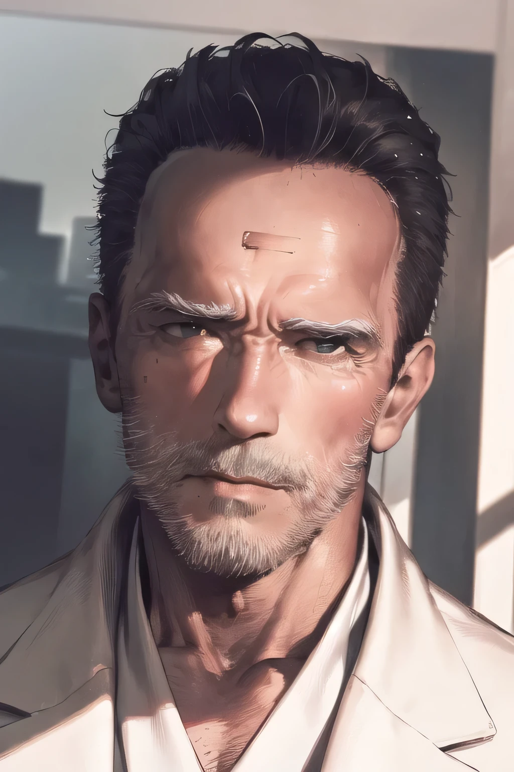 Face without damage,can you draw a more delicate expression,dark background，,could you draw a clear expression of the Terminator soldier,50 years old，dark haired man,Can you draw a slightly younger man，