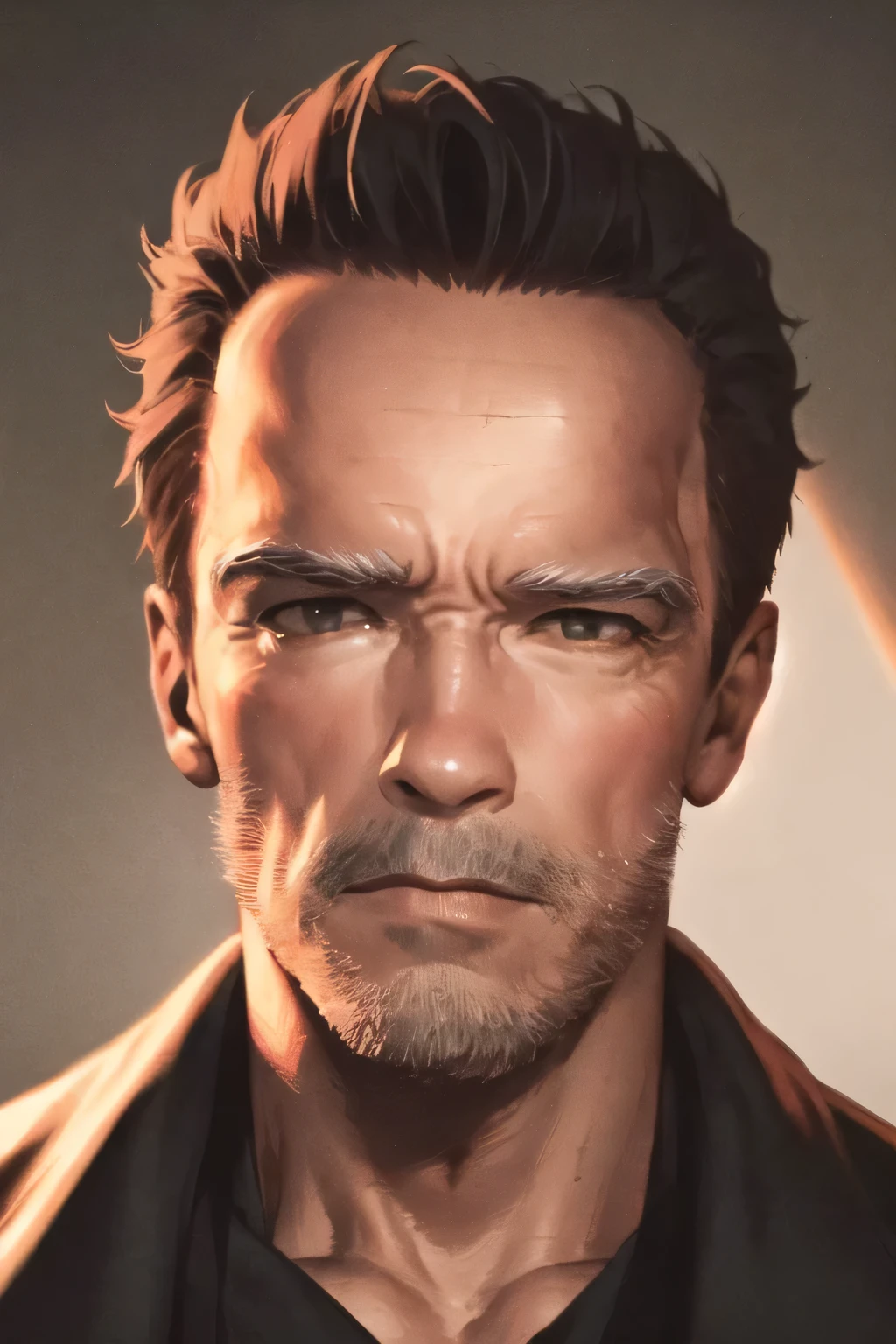 Face without damage,can you draw a more delicate expression,dark background，,could you draw a clear expression of the Terminator soldier,50 years old，dark haired man,Can you draw a slightly younger man，