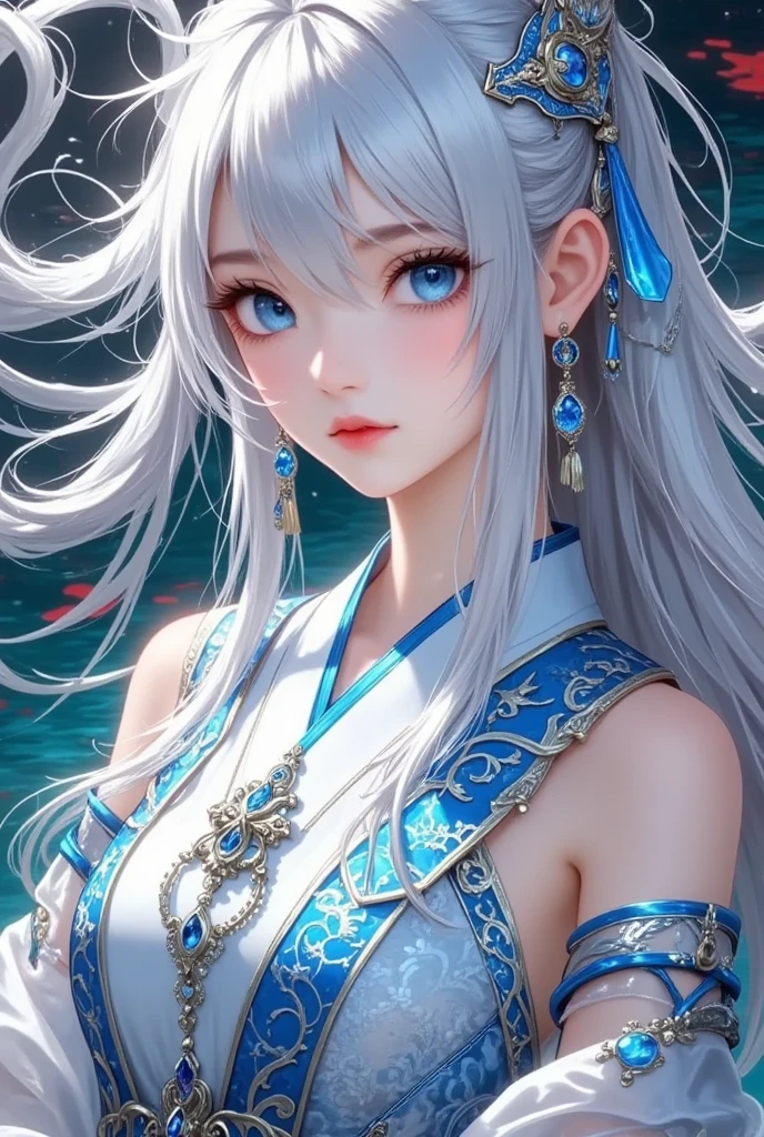 quality(8k wallpaper of extremely detailed CG unit, ​masterpiece, hight resolution, top-quality, top-quality real texture skin,hyper realisitic, digitial painting,increase the resolution,RAW photos，best qualtiy,highly detailed,the wallpaper),BREAK,8K, half face, a close up of a woman in a silver and blue dress, chengwei pan on artstation, by Yang J, detailed fantasy art, stunning character art, fanart best artstation, epic exquisite character art, beautiful armor, extremely detailed artgerm, detailed digital anime art, artgerm on artstation pixiv, armor girl, Chibi 
