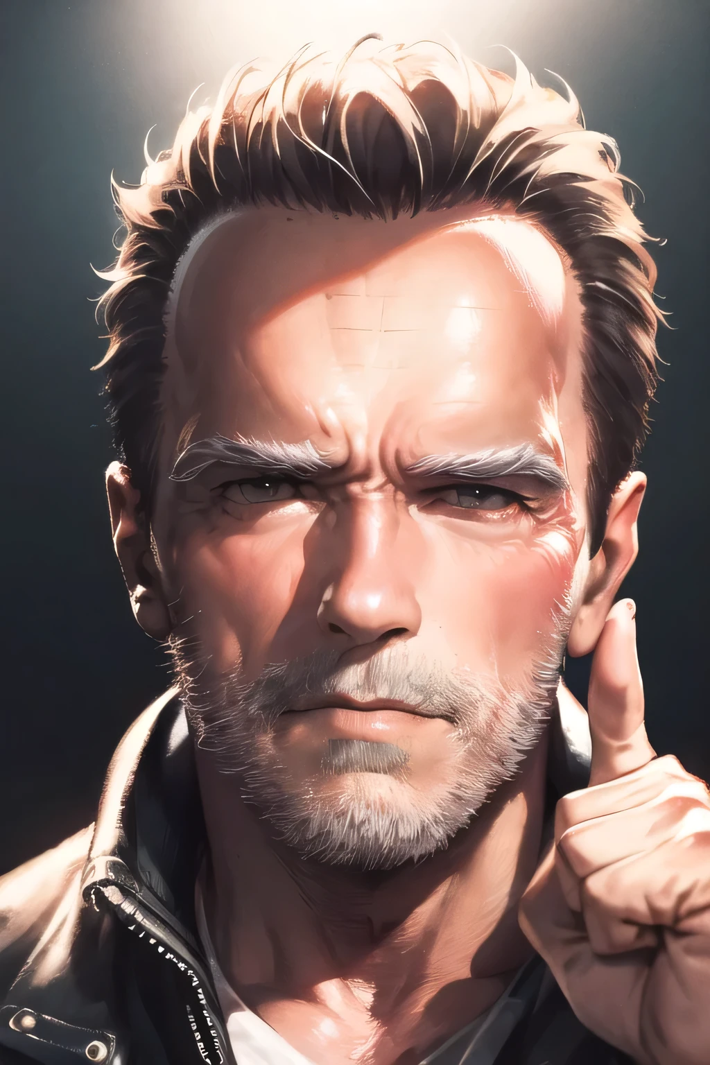 Face without damage,can you draw a more delicate expression,dark background，,can you draw a clear expression of the Terminator soldier,50 years old，dark haired man,The man in the black leather jacket,can you draw a thumb up pose,