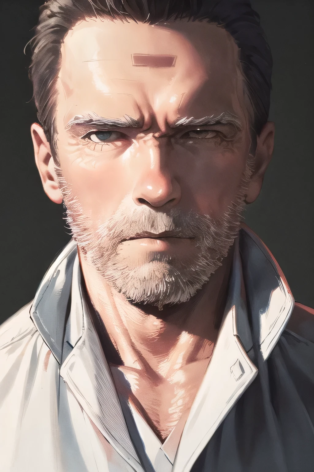 Face without damage,can you draw a more delicate expression,dark background，,can you draw a clear expression of the Terminator soldier,50 years old，dark haired man,The man in the black leather jacket,can you draw a thumb up pose,