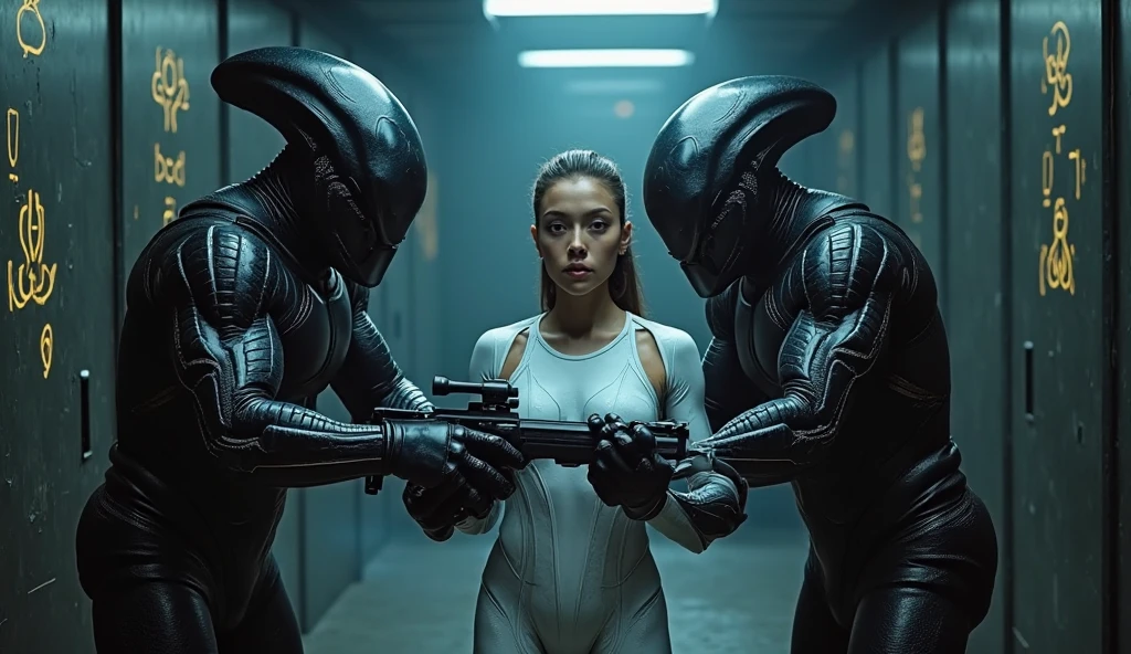 A tense, ultra-realistic sci-fi scene inside a dark, high-security ...