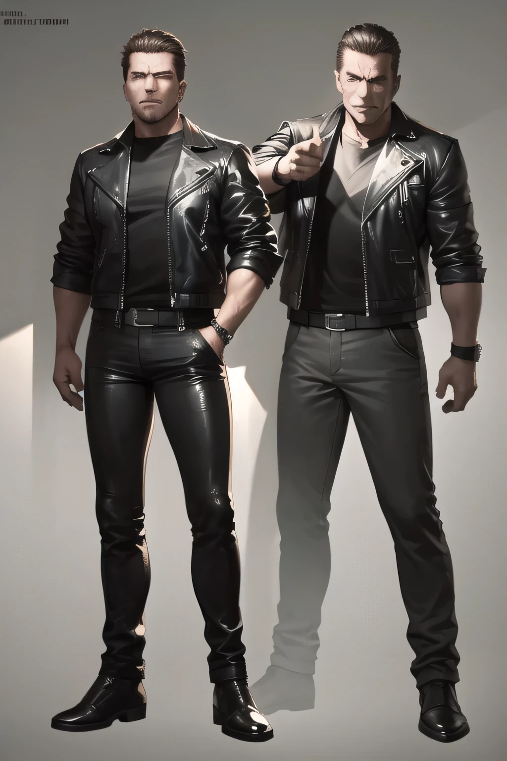 Face without damage,draw a more delicate expression,dark background，,can you draw a clear expression on the Terminator soldier,50 years old，dark haired man,A man in a black leather jacket,can you draw a thumb up pose,can you draw a thumb up more accurately,Standing Full Body,