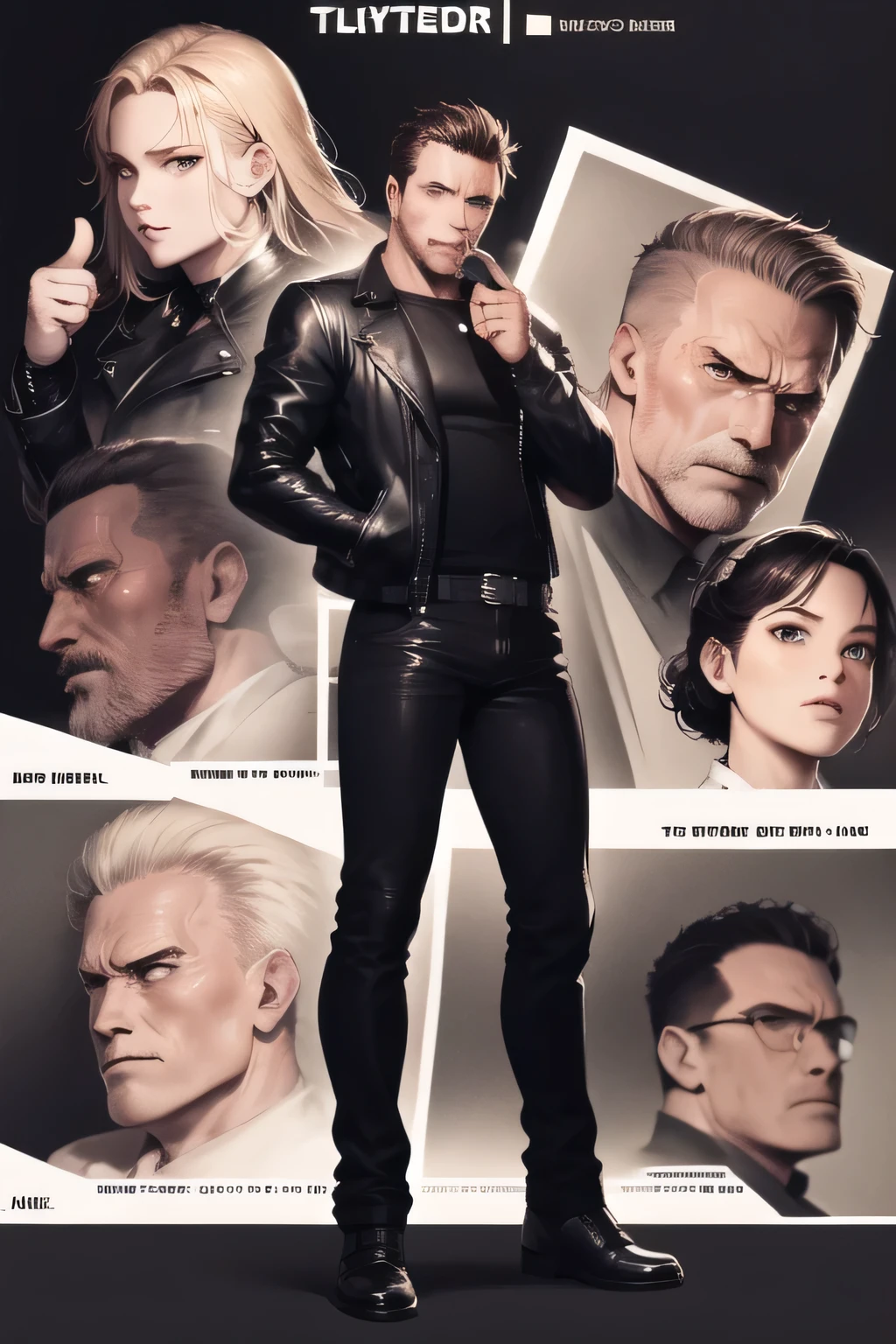 Face without damage,depicts a more delicate expression,dark background，,can you draw a clear expression on the Terminator Soldier,50 years old，dark haired man,The man in the black leather jacket,can you draw a thumb up pose,can you give a more accurate thumbs up,standing full body,can you draw a more delicate expression,