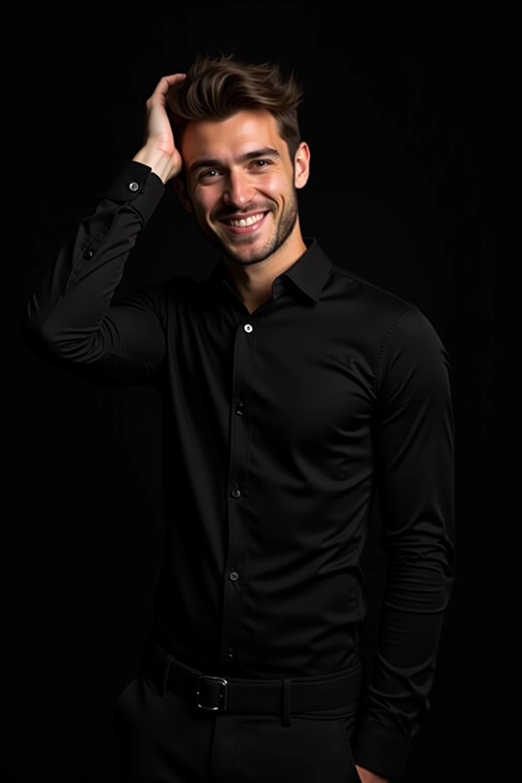 Homem bonito de terno preto, sport fino, camisa preta, cabelo preto, bonito, atraente, sorriso de canto de boca, olhar profundo, elegante, alta qualidade, 8k