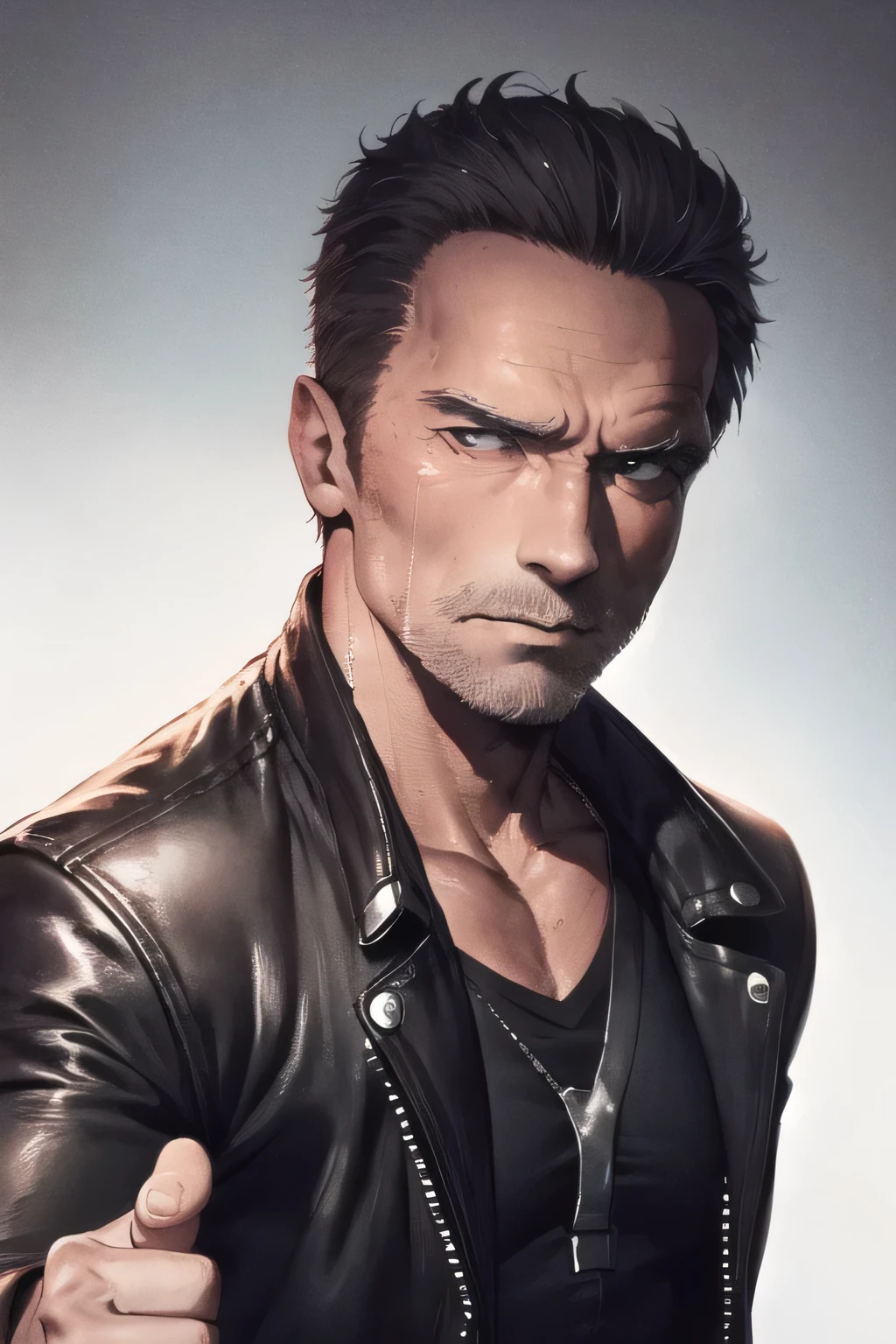 Face without damage,Please draw a more delicate expression,dark background，,Please draw a clear expression of the Terminator soldier,50 years old，dark haired man,A man in a black leather jacket,can you draw a thumb up pose,No forehead damage,