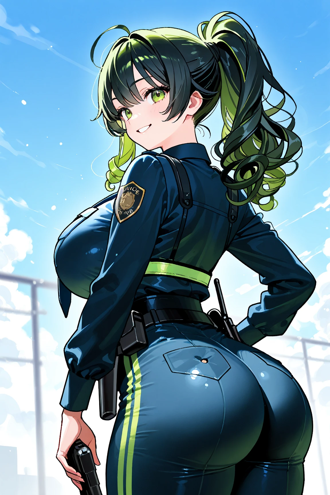 2girls, tan skin, tan, tan-skinned female, from behind, ass, ass focus, thong, panties, jacket, smile, smirk, smug, breasts, huge ass, ((huge ass)), thick thighs, mature female, milf, hourglass figure, black hair, very short hair, yellow eyes, forest, black jacket, ((black jacket)), hooded jacket, military hat, cap, gloves, highleg, spiked hair, ((highleg)), military jacket, bare legs, tomboy, ((walking)l, walking, walking away, ((walking away))