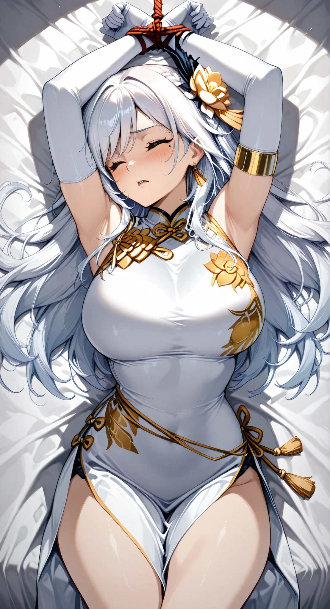 Armlet on left arm,Handmade bracelet,sleeveless china ,anime girl,long white hair,and a flower in her hair,Anime Goddess,with long white hair bundled in a bundle at the back, Haise Jinyao,Genshin Character,Keking, Full Body Senxia ,Pictures of Women with Long White Hair Bound at the Back,long white hairで,perfect girl,large breasts with good shape,thin waist,mole under eye,long gloves,earrings,no background,close eyes,kind eyes,kind expression,Blush,is embarrassed,Open Lips,Very large bed,Lie on a white sheet with your whole body stretched out,A woman lies down,nobody else, correct The hair bundled in the back is a braid, cowboy shot with a close cute face, Open your legs from side to side boldly