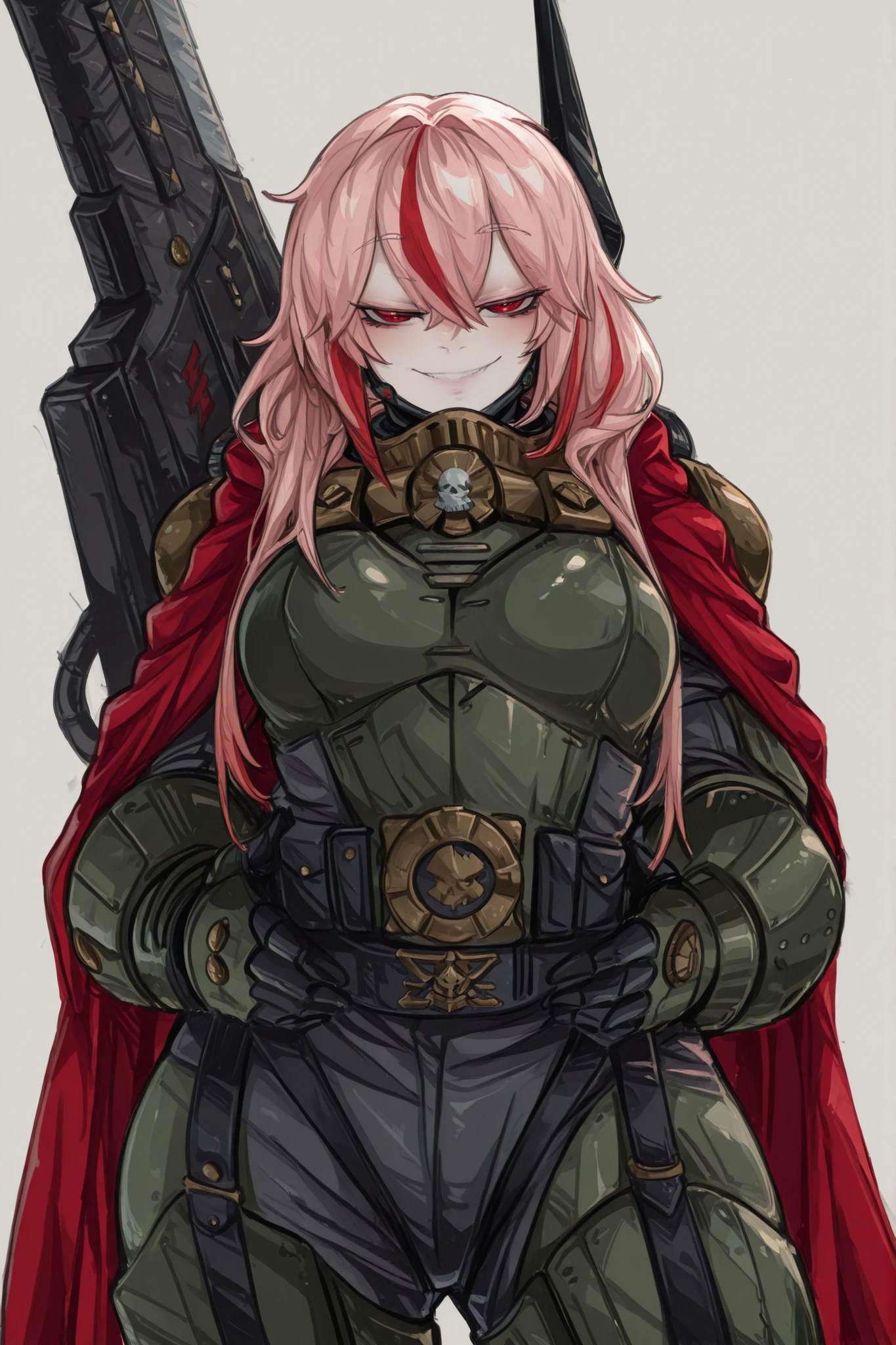 kurenaiz, Drunkr3mbr4ncer, masterpiece, best quality, amazing quality, very aesthetic, high resolution, ultra-detailed, absurdres, newest, scenery, solo, m4 sopmod ii, hair between eyes, red eyes, pink hair, streaked hair, red hair, sidelocks, long hair, multicolored hair, two-tone hair, smile, cadian, astra militarum, armor, unloading with pouches, officer's cape, officer's gorget, hands on waist, scabbard, a giant sword behind her back, mechanical arm prosthetic, sleek metallic design, chrome and titanium finish, look at viewer, simple background, BREAK,