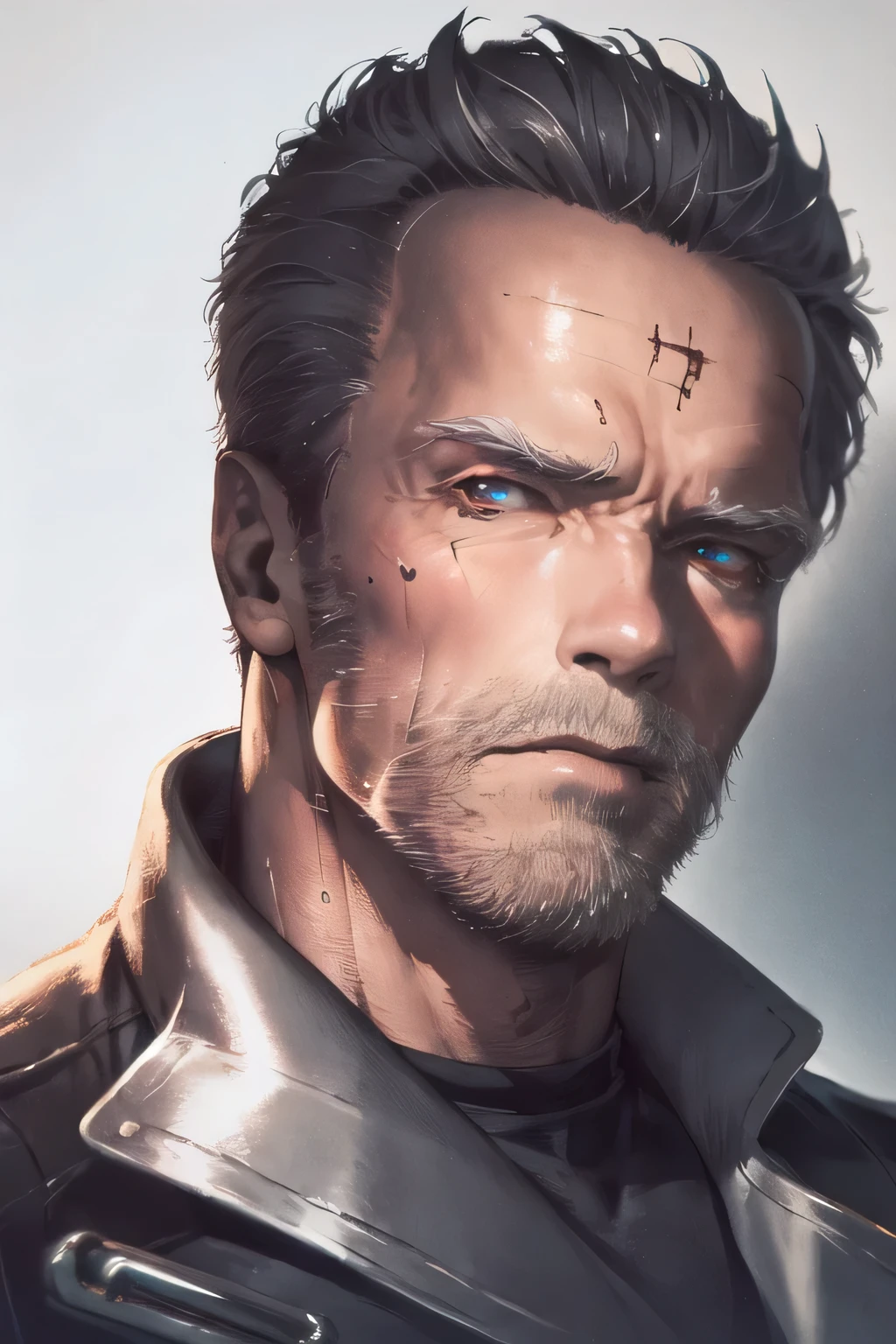 Face without damage,Please draw a more delicate expression,dark background，,draw a clear expression of the Terminator soldier,50 years old，dark haired man,Half of his face is silver,can you draw a man with a metal skeleton whose eyeballs glow red,