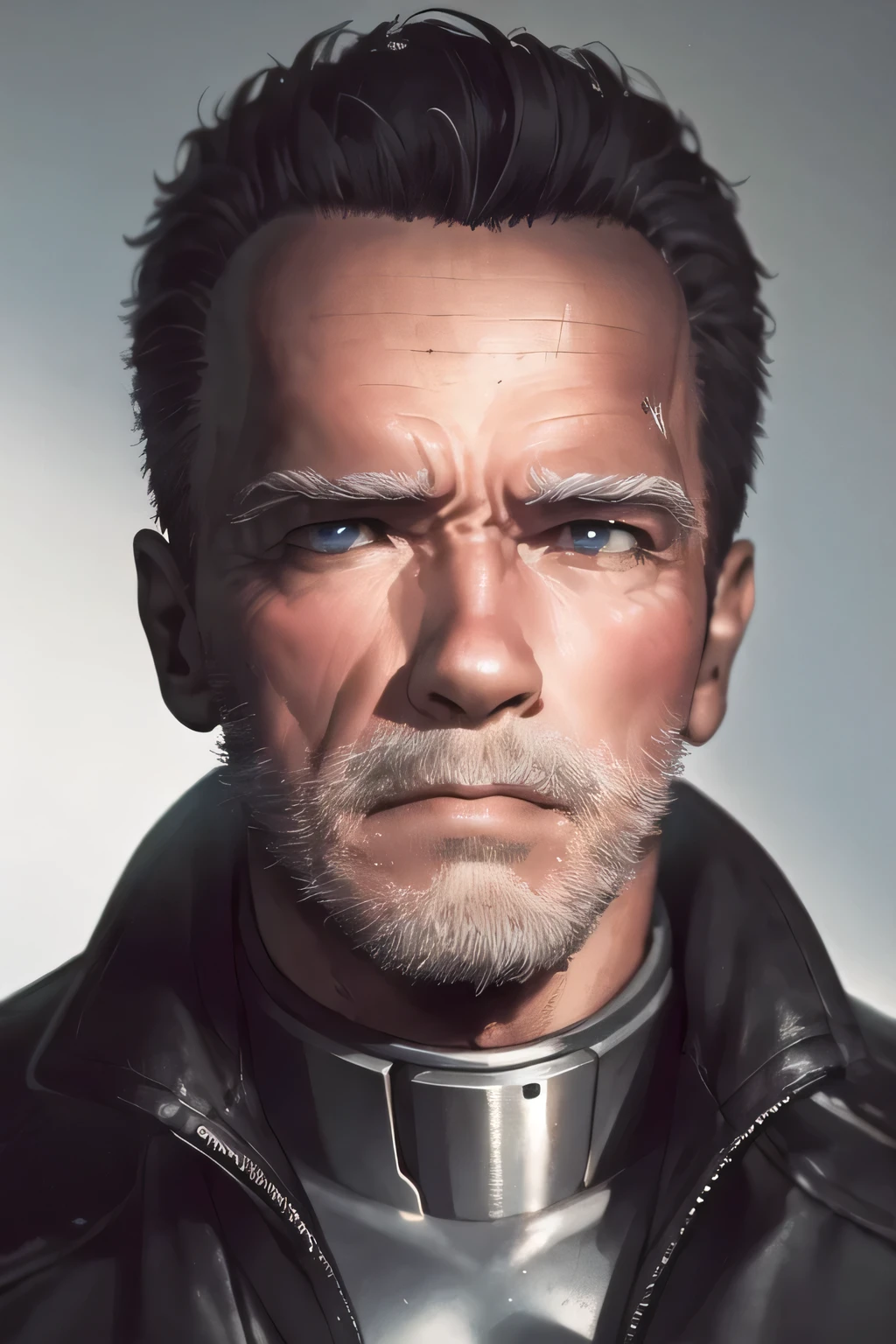 Face without damage,Please draw a more delicate expression,dark background，,can you draw a clear expression of the Terminator soldier,50 years old，dark haired man,Half of his face is silver,Can you draw a man whose、eyeballs glow red with a metal skeleton,