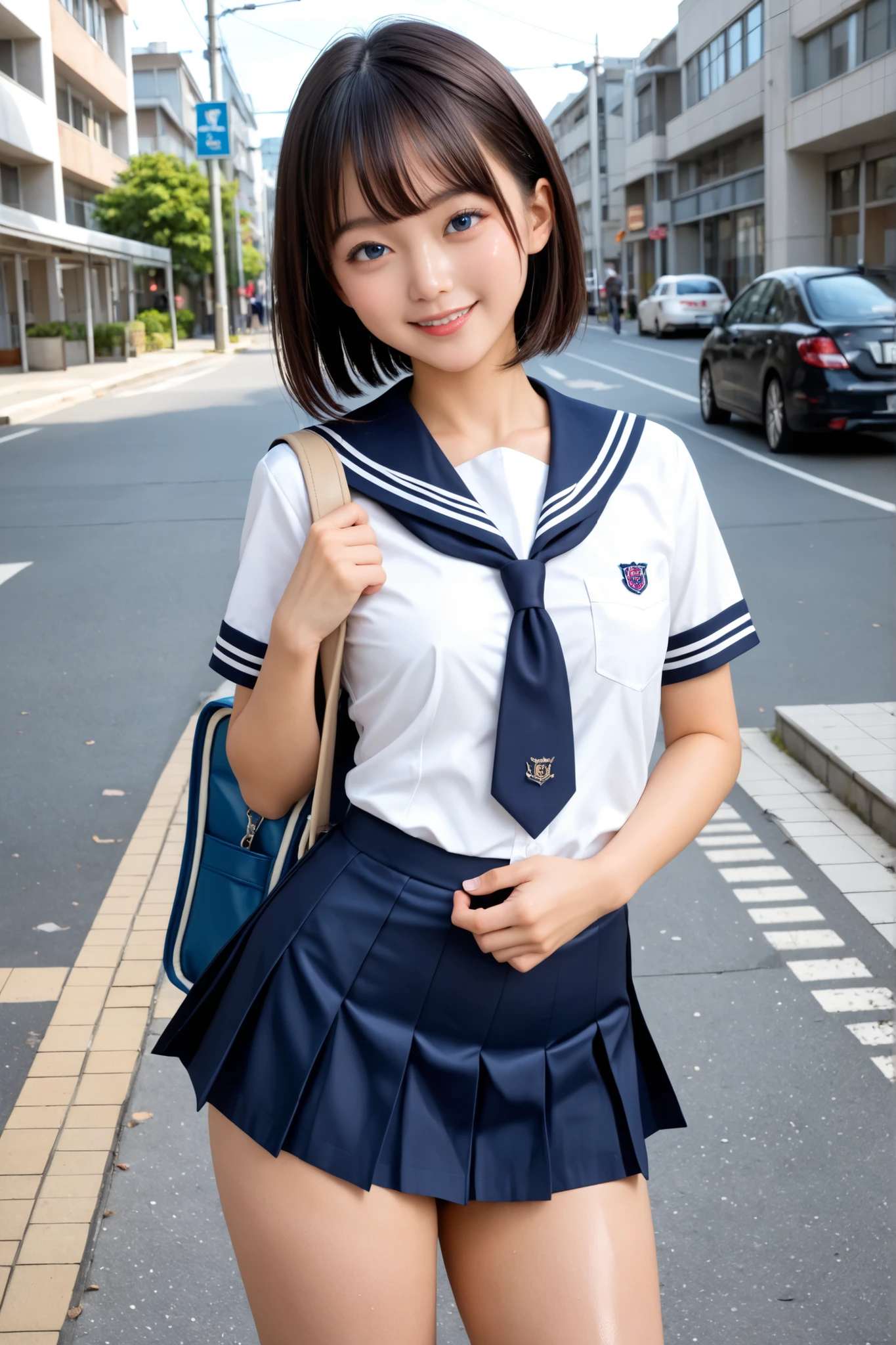 score_9, score_8_up, score_7_up, score_6_up, score_5_up, score_4_up, Source_anime, Tag 1 , Tags 2, quality_masterpiece, Anatomically Accurate, 20 year old girl, beautiful face, perfect face, 非常に詳細でbeautiful faceと目, attractive face on back, detailed face, delicate facial features, detailed skins, Perfect Eyes, small breasts, small ass, thin waist, thighs are thin, thin waist, curvy, (Oiled body  :1.2), Lashes, blue eyes, makeup, Short Dark Hair、with bangs, has a seductive smile, ((Junior High School Uniform, blue micro skirt, student bag on the street)), standing, Dynamic Poses,  Street, I have a, sunny day