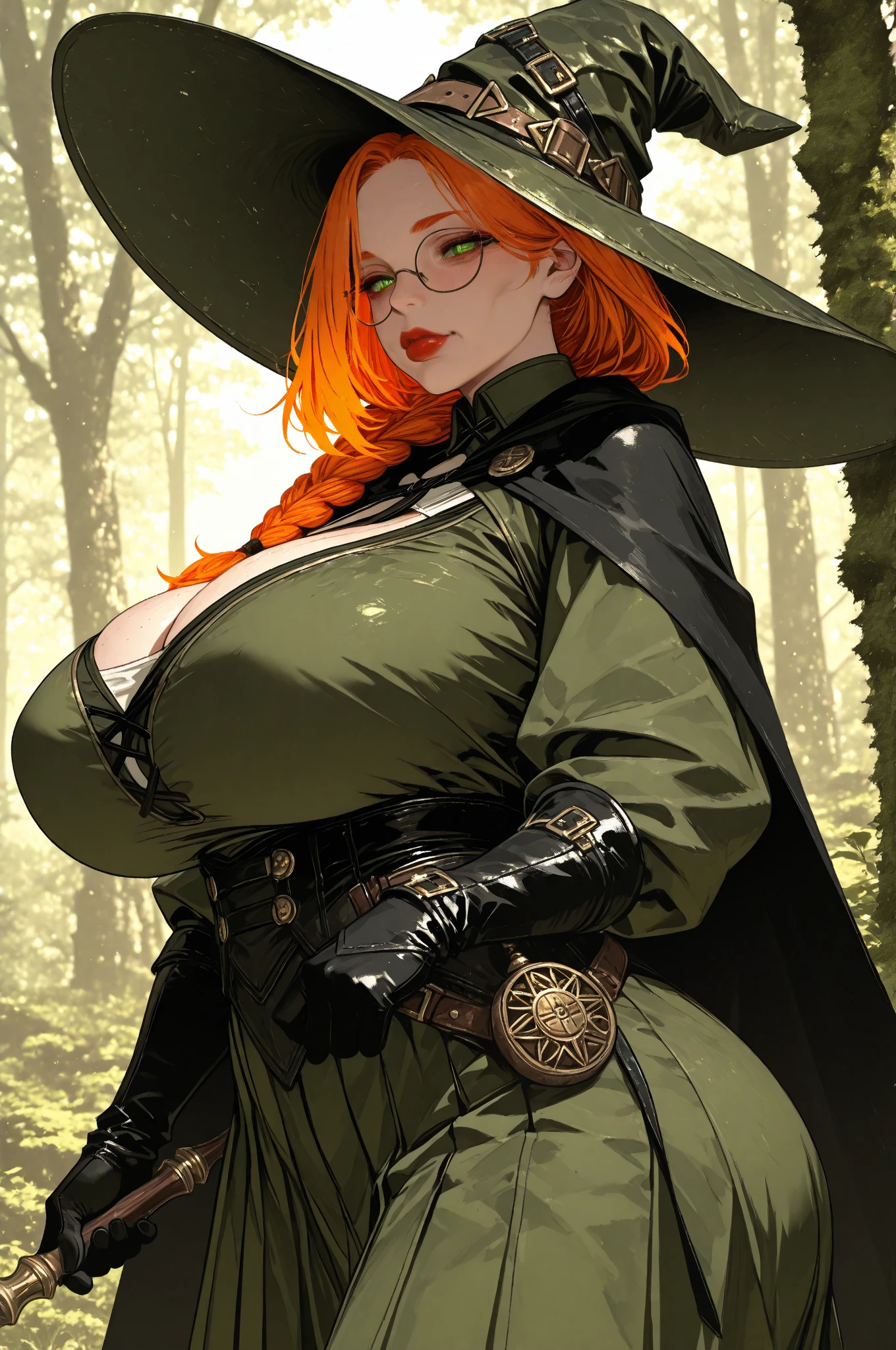 (masterpiece, best quality, highres, high resolution:1.2), extremely detailed, intricate details, 1girl, solo, looking at viewer, "full body, sitting, fishnets, fishnet bodysuit, fishnet pantyhose, black cape, thigh strap, breasts, breasts apart, navel, feet, closed mouth, toes, glasses, blush, toenails, earrings, barefoot, buzzcut, short hair, green hair, hair bun, blue eyes, tattoos, full lips, <lora:weight_slider_v2:0.75> day, nature, outdoors, tree, forest, autumn, autumn leaves, (cinematic lighting, bloom, volumetric),