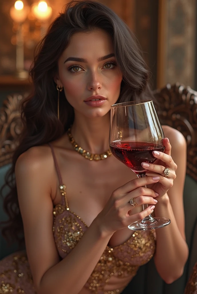 A young female vampire, beautiful, in a silver gown, holding a glass of wine in her hand. --auto --s2