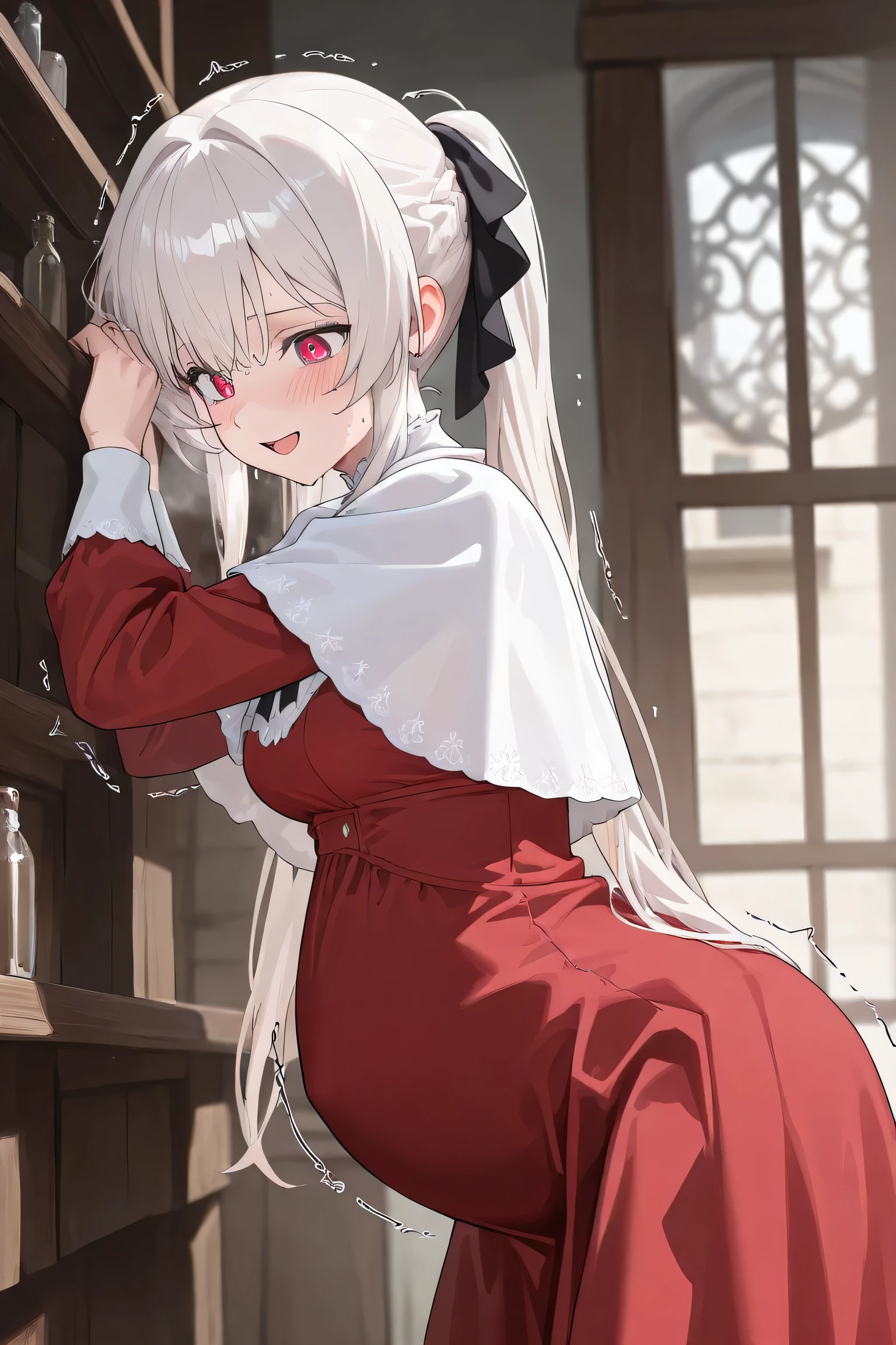 (Best quality, 4k, 8k, high resolution, masterpiece:1.2), ultra detailed, intricate details, beautiful girl, SOLO,  alone, long white hair, bangs, red colored eyes, small-medium breasts, perfect smooth skin, head tilted, (Pregnant:1.1), black ribbon hair, victorian dress, red dress, side view, pain, at medieval town on streets, white capelet, looking at viewer, smile lighly, Hand unde, lean forward, looking down, sweating, (Blush:1.0), open mouth, embarrassed, heavy breathing, trembling, water broke, [[pussy:1.5]],