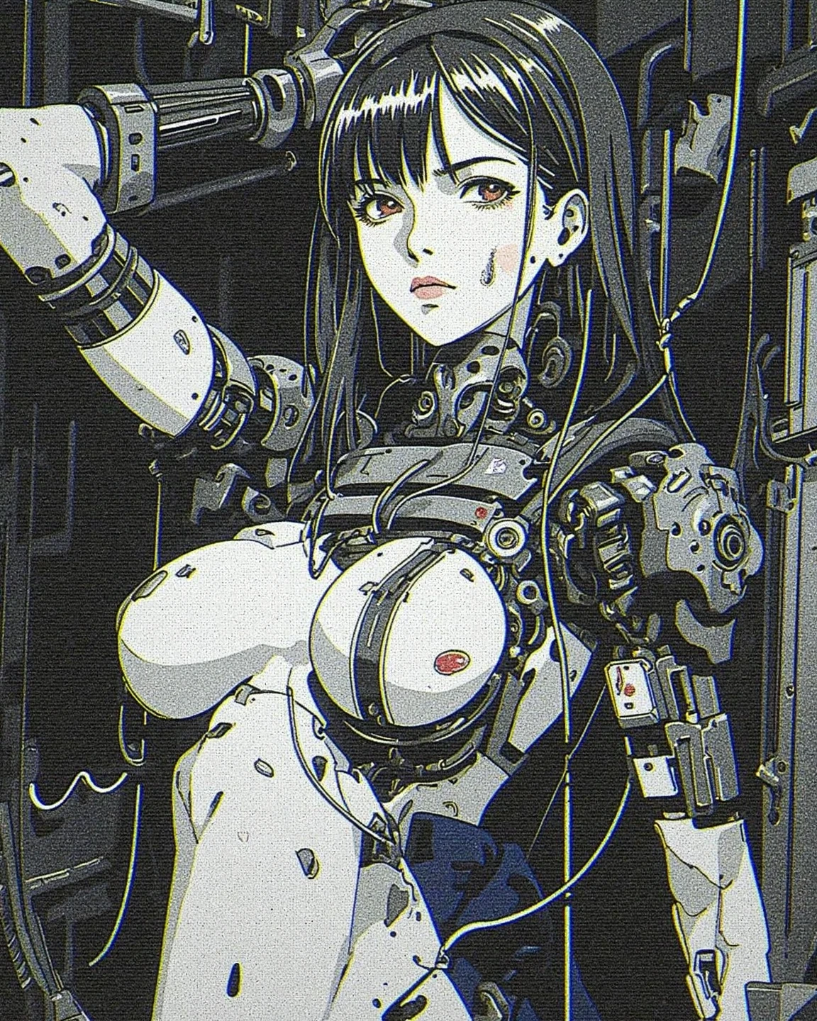 Nude Women,Anime illustration style,Reminiscent of Ghost in the Shell,Image from the feet,Beautiful image quality,Digital artwork,Beautiful beauty,Large Breasts,Big Breasts,Pointed nipples,Digital Cyberpunk,Have a p-90,The genitals are visible,Have pubic hair,Wearing Broken Armor,