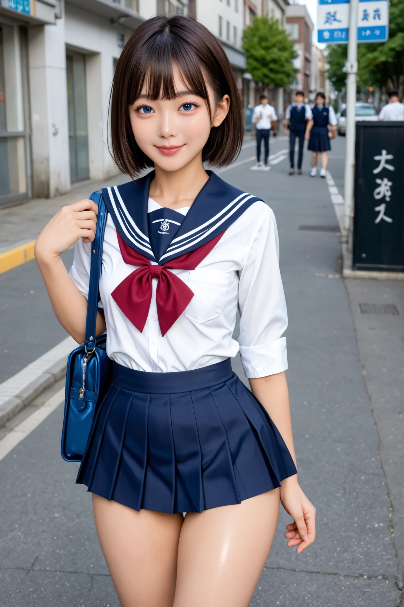 score_9, score_8_up, score_7_up, score_6_up, score_5_up, score_4_up, Source_anime, Tag 1 , Tags 2, quality_masterpiece, Anatomically Accurate, 20 year old girl, beautiful face, perfect face, 非常に詳細でbeautiful faceと目, attractive face on back, detailed face, delicate facial features, detailed skins, Perfect Eyes, small breasts, small ass, (belly button out, Belly exposed, thighs), thin waist, thighsが細い, thin waist, curvy, (Oiled body :1.2), Lashes, blue eyes, makeup, Short Dark Hair、with bangs, has a seductive smile, ((Junior High School Uniform, blue micro skirt, student bag on the street)), standing, Dynamic Poses, Street, I have a, sunny day