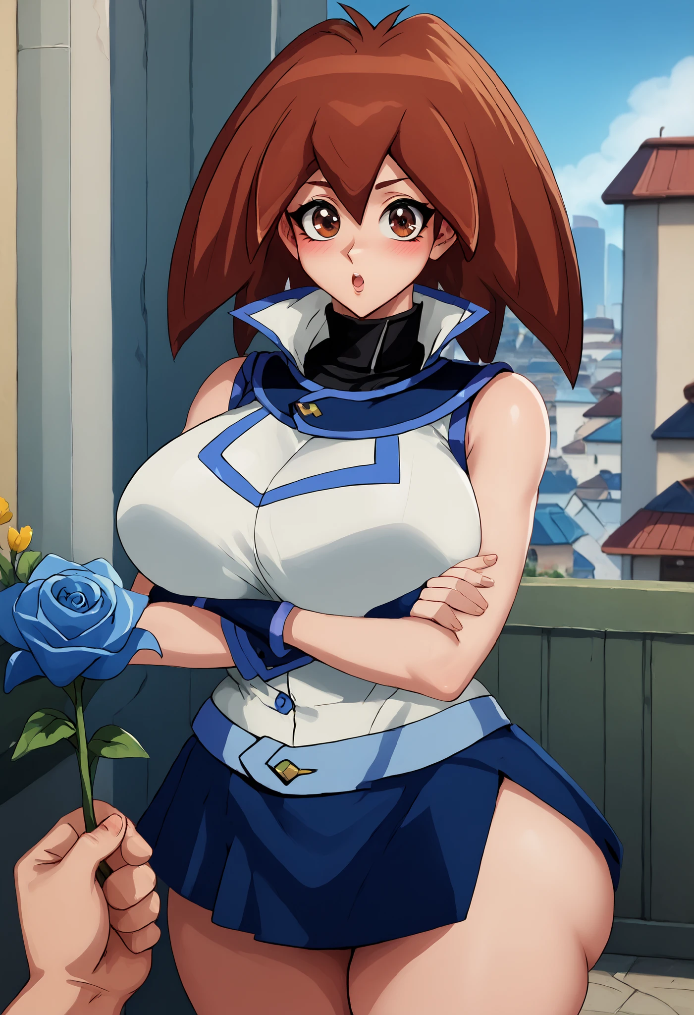 source_anime, score_9, score_8_up, score_7_up,8k, absurd res, 1girl, solo, looking at viewer,  outdoors,  standing, upper body, crossed arms, in love. Looking at viewer, S2Z0n1c21.5XL style, (yu-gi-oh gx), jasmine, 1 girl, solo, brown eyes, short hair, reddish-brown hair, blue white duel academy uniform, sleeveless jacket, blue skirt, turtleneck, blue boots, blue fingerless gloves,huge breasts, hugg butt, huge buttcheeks, huge thick thighs, curvy wide hips, PovGifting, pov hands, holding blue flowers, flower, blue roses, surprised, blush,