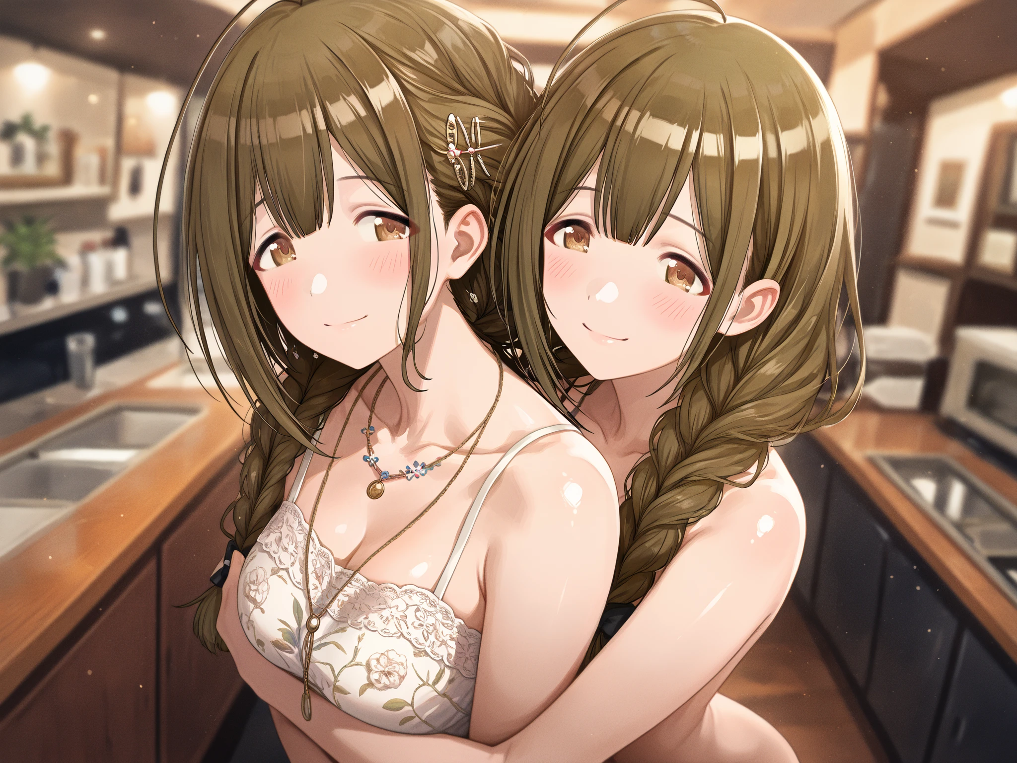 masterpiece, best quality, detailed face, detailed eyes, <lora:HUEmma:0.4>, HUEmma, green hair, braid, single braid, large breasts, <lora:HUCassandra:0.4>, HUCassandra, brown hair, long hair, huge breasts, <lora:pose - coopfellatio, fellatio, licking, 1boy, 2girls - 0.6-1:0.7>, coopfellatio, fellatio, licking, 1boy, 2girls, nude, pov, penis,